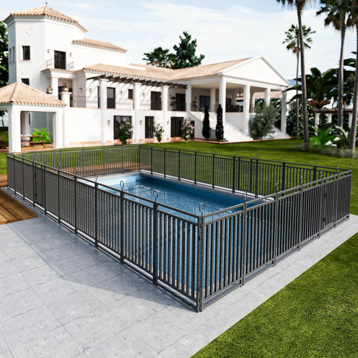 Metal Swimming Pool Fence 72ft (L) × 40in (H) with 28 Panels & 4 Gates, in Ground Pool Safety Fence, Protective Barrier with Reinforced Stakes, Compatible with Patios & Gardens, Black-Silver