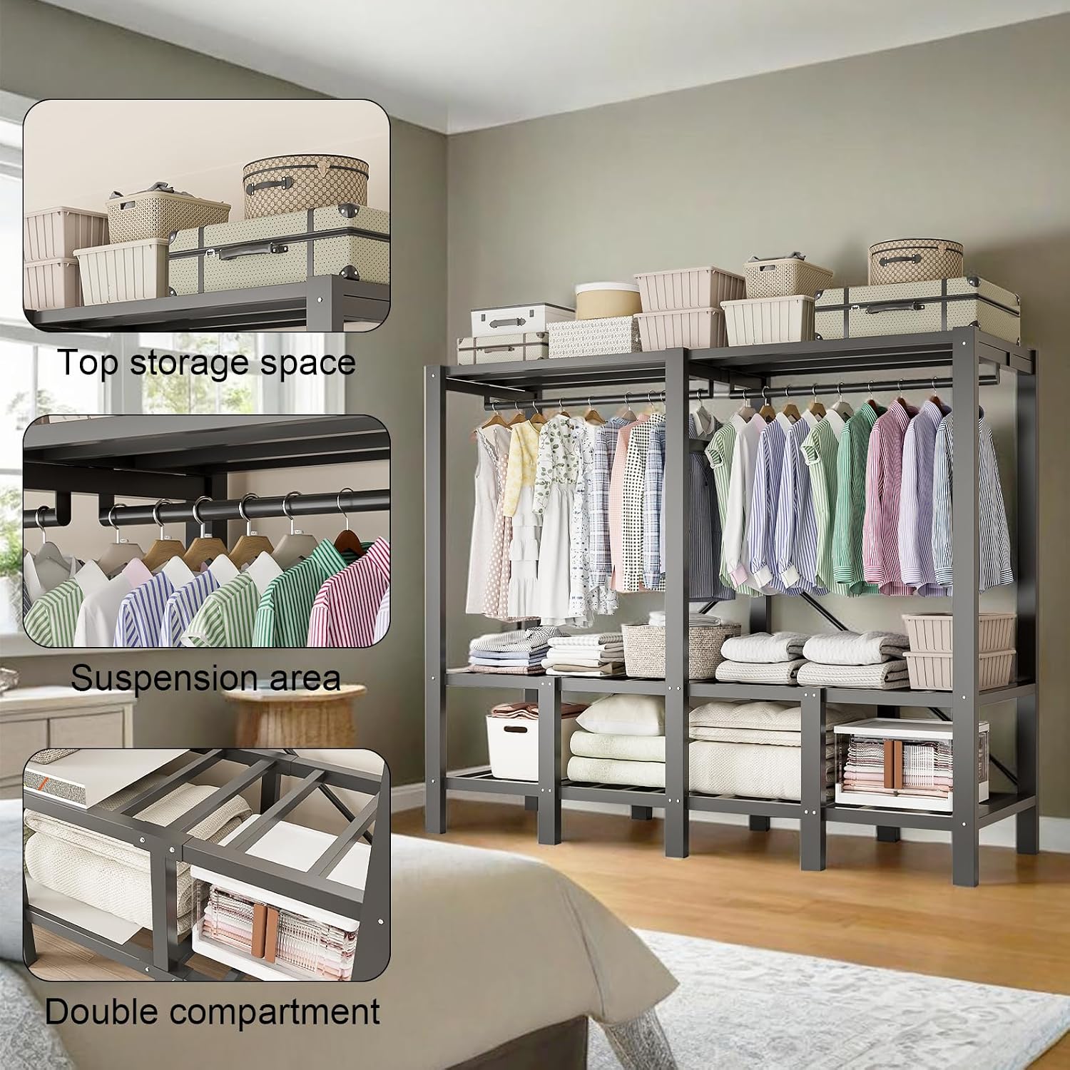 Portable Wardrobe Closet, Heavy Duty Clothing Rack for Hanging Clothes, Metal Clothes Rack with Cover and Hanging Rods, Freestanding Wardrobe Armoire Load 1000 LBS (Zipper style 70 inches/180cm)