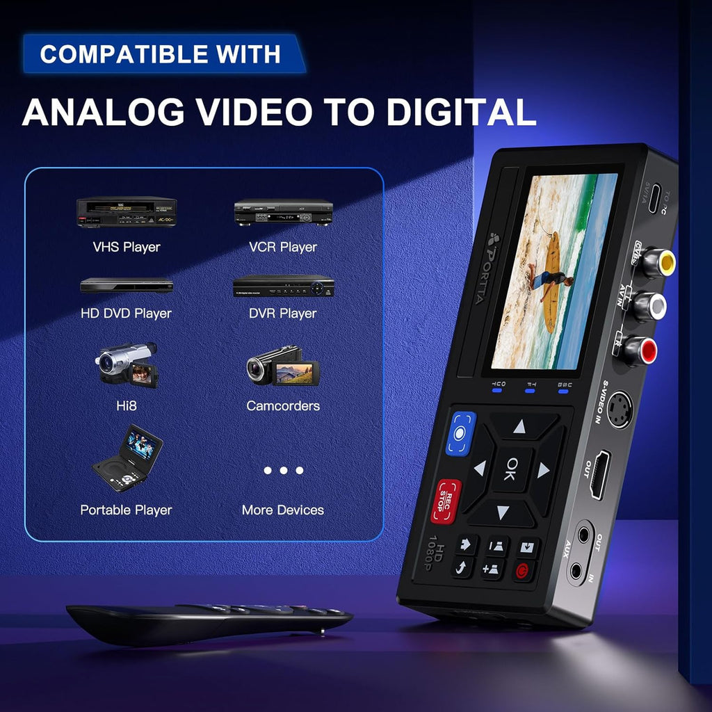 Portta VHS to Digital Converter, Video to Digital Recorder with Remote, Compatible with VHS, VCR, DVR, DVD, Hi8, Mini DV, Gaming Consoles (VCR, VHS/DVD Player, Camcorder Required)