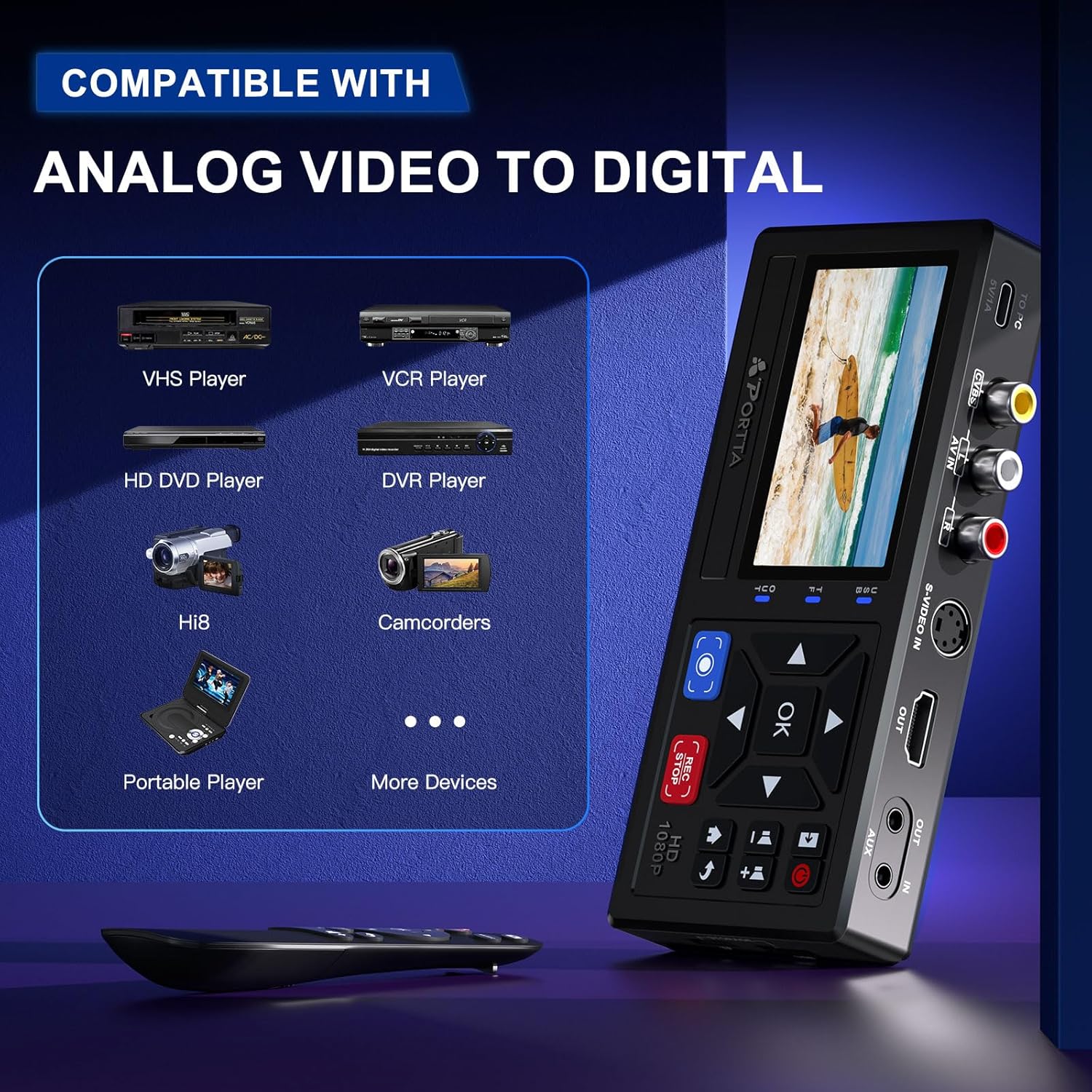 Portta VHS to Digital Converter, Video to Digital Recorder with Remote, Compatible with VHS, VCR, DVR, DVD, Hi8, Mini DV, Gaming Consoles (VCR, VHS/DVD Player, Camcorder Required)