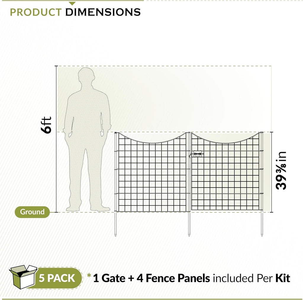 39in H (4 Fence Panels + 1 Gate) No Dig Easy Install Zippity Black Metal Fence, Decorative Garden Barrier for Dogs, Temporary Animal Enclosure, Yard Border Panels, WF29014