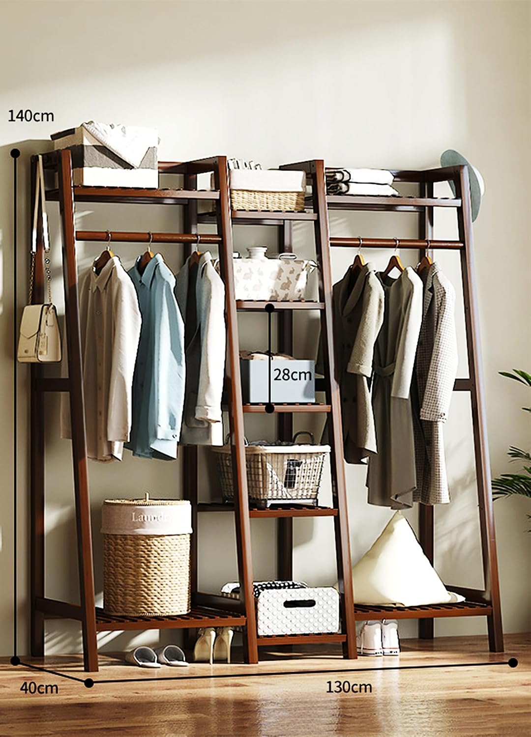 Large Bamboo Clothes Rack with Shelves & Rods, Closet System Clothing Rack Freestanding Garment Racks for Hanging Clothes, Open Wardrobe Organizer,Brown,130cm