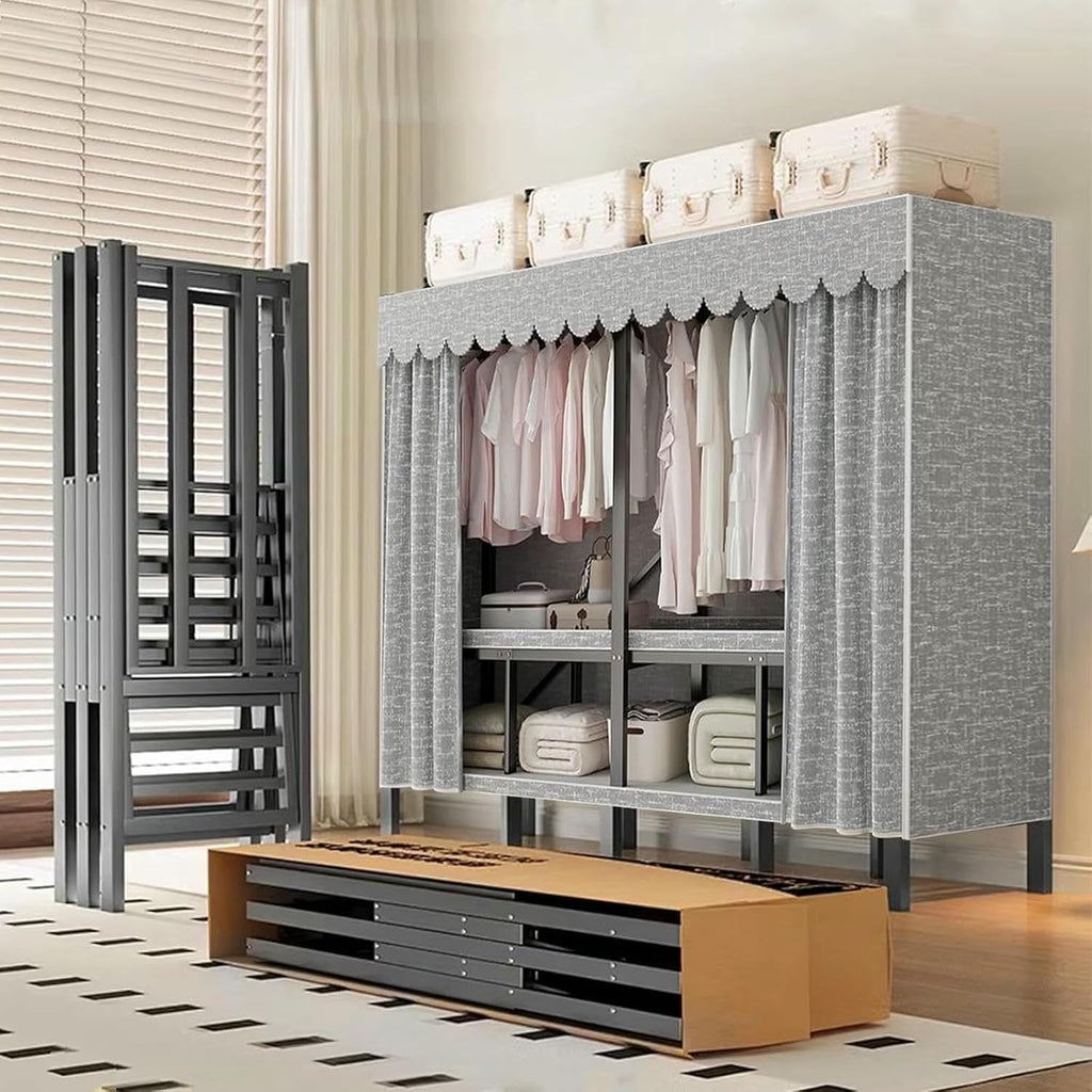 Foldable Portable Wardrobe Closet Heavy Duty Portable Covered Rack with Cover 1200lbs, for Hanging Clothes Coat Storage Garment Racks for Bedroom