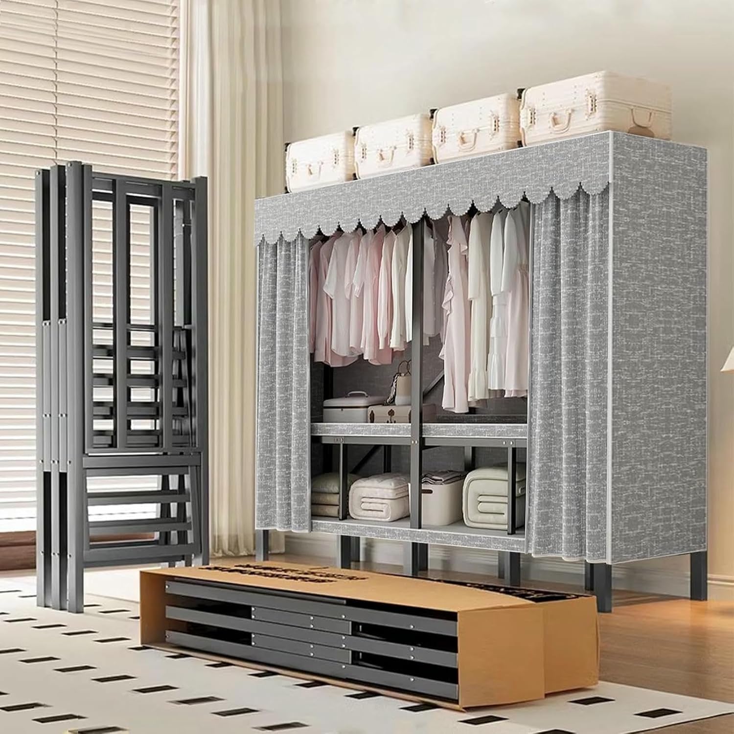 Foldable Portable Wardrobe Closet Heavy Duty Portable Covered Rack with Cover 1200lbs, for Hanging Clothes Coat Storage Garment Racks for Bedroom