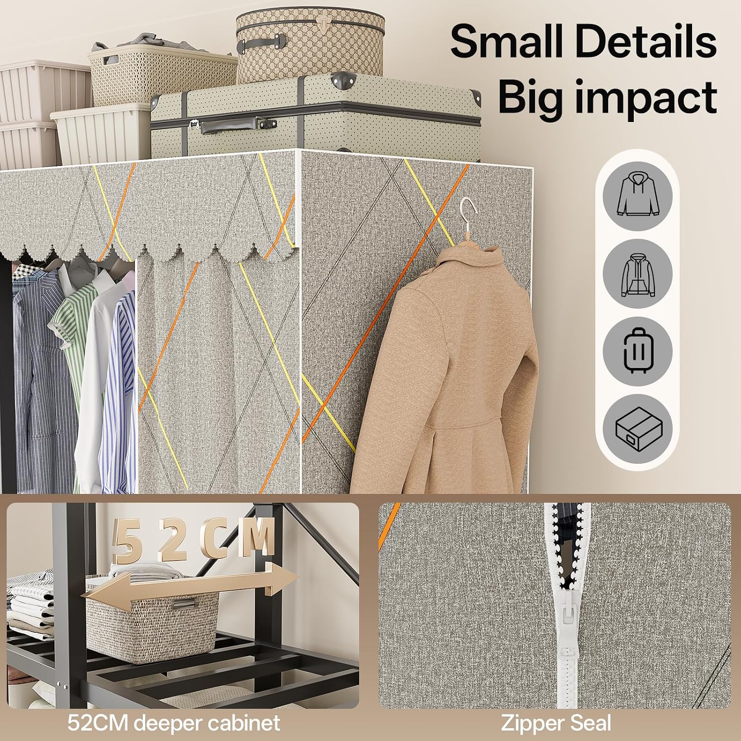 Heavy Duty Clothing Rack with Oxford Fabric Cover, Portable Closet Wardrobe with Hanging Rods, Freestanding Wardrobe, Metal Closet Rack for Hanging Clothes (Zipper Design, 49.2''/125cm)