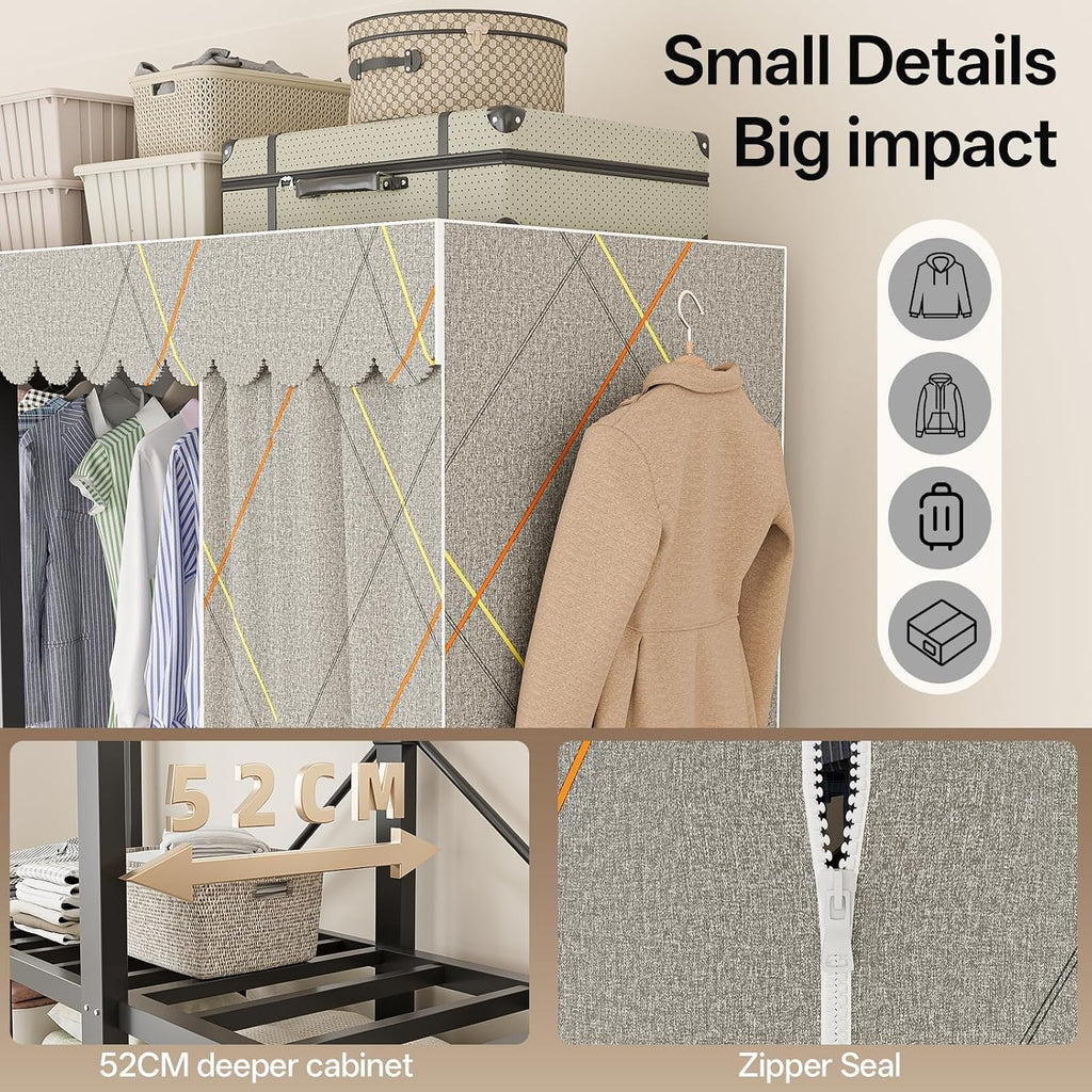 Heavy Duty Clothing Rack with Oxford Fabric Cover, Portable Closet Wardrobe with Hanging Rods, Freestanding Wardrobe, Metal Closet Rack for Hanging Clothes (Zipper Design, 70.9''/180cm)