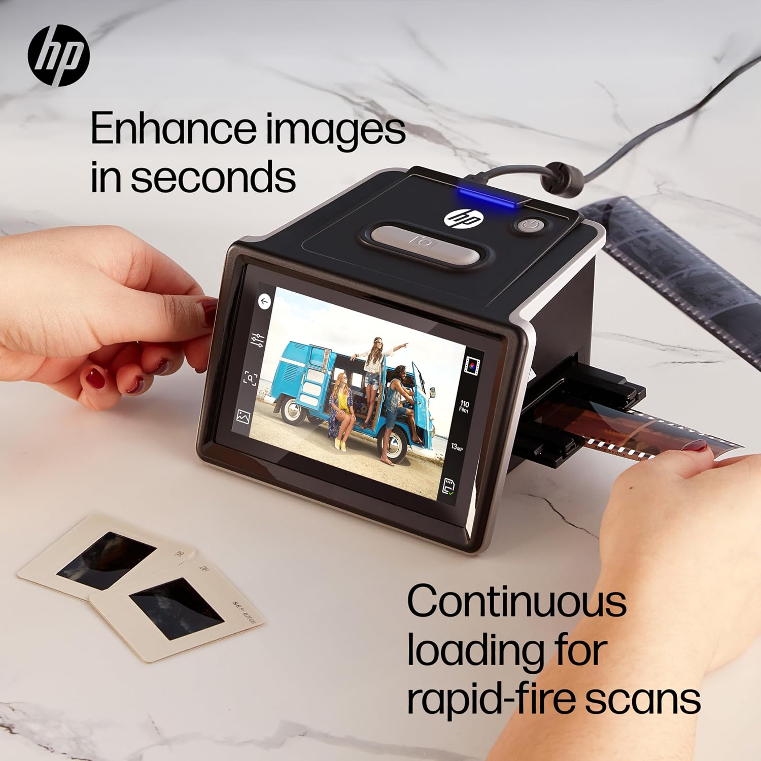 HP Touch Screen Film & Slide Scanner Digitizer - 5' LCD, USB-C, SD Slot - All-Angle Touchscreen Gallery Mode for Slide Viewer - 13MP CMOS Sensor & 22MP Interpolation to Convert to Digital