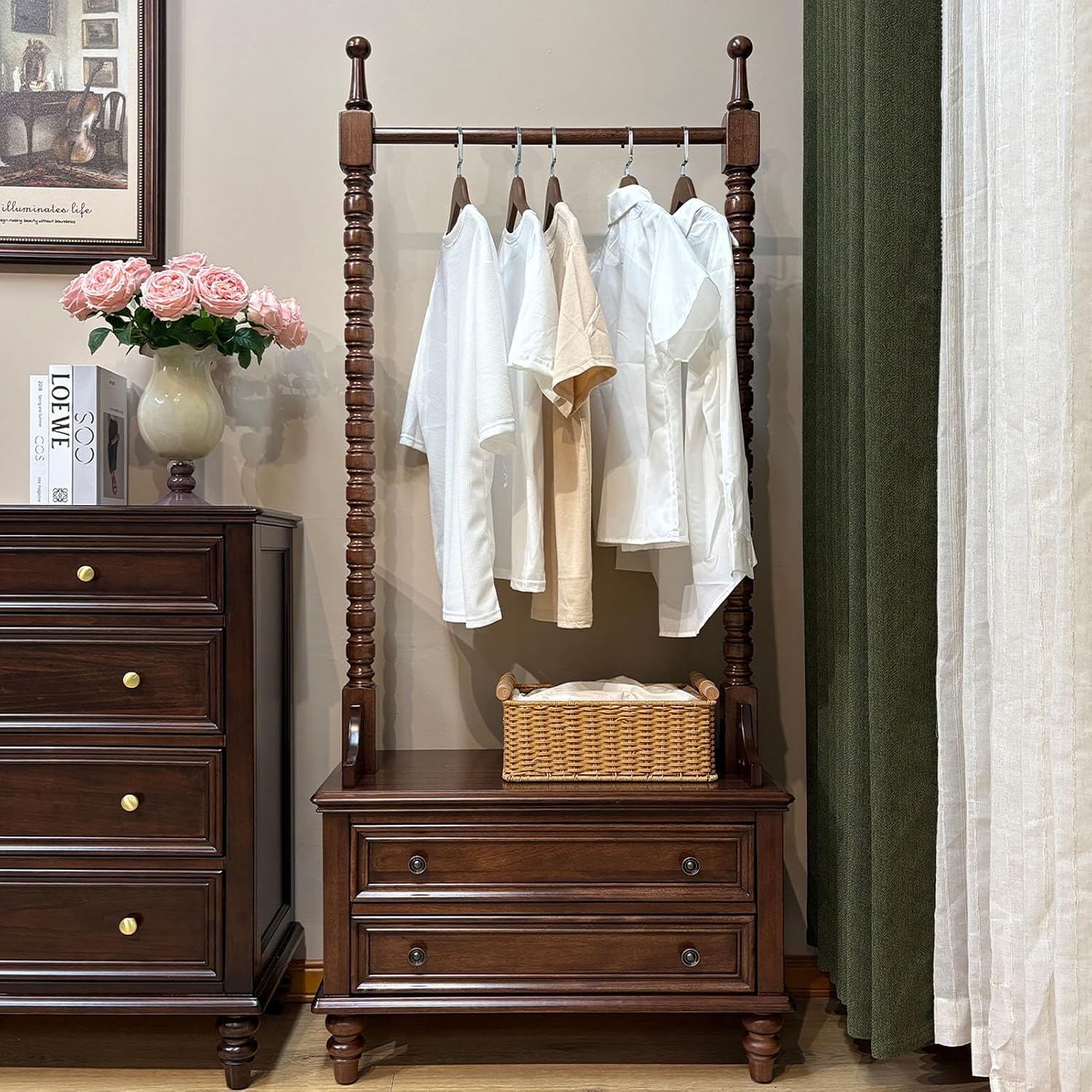 Clothes Rack, Solid Wood Clothing Rack, with 2 Drawers, Coat Hanger, Floor-standing Garment Racks, for Hanging Shirts, Jackets, Coat(Brown)