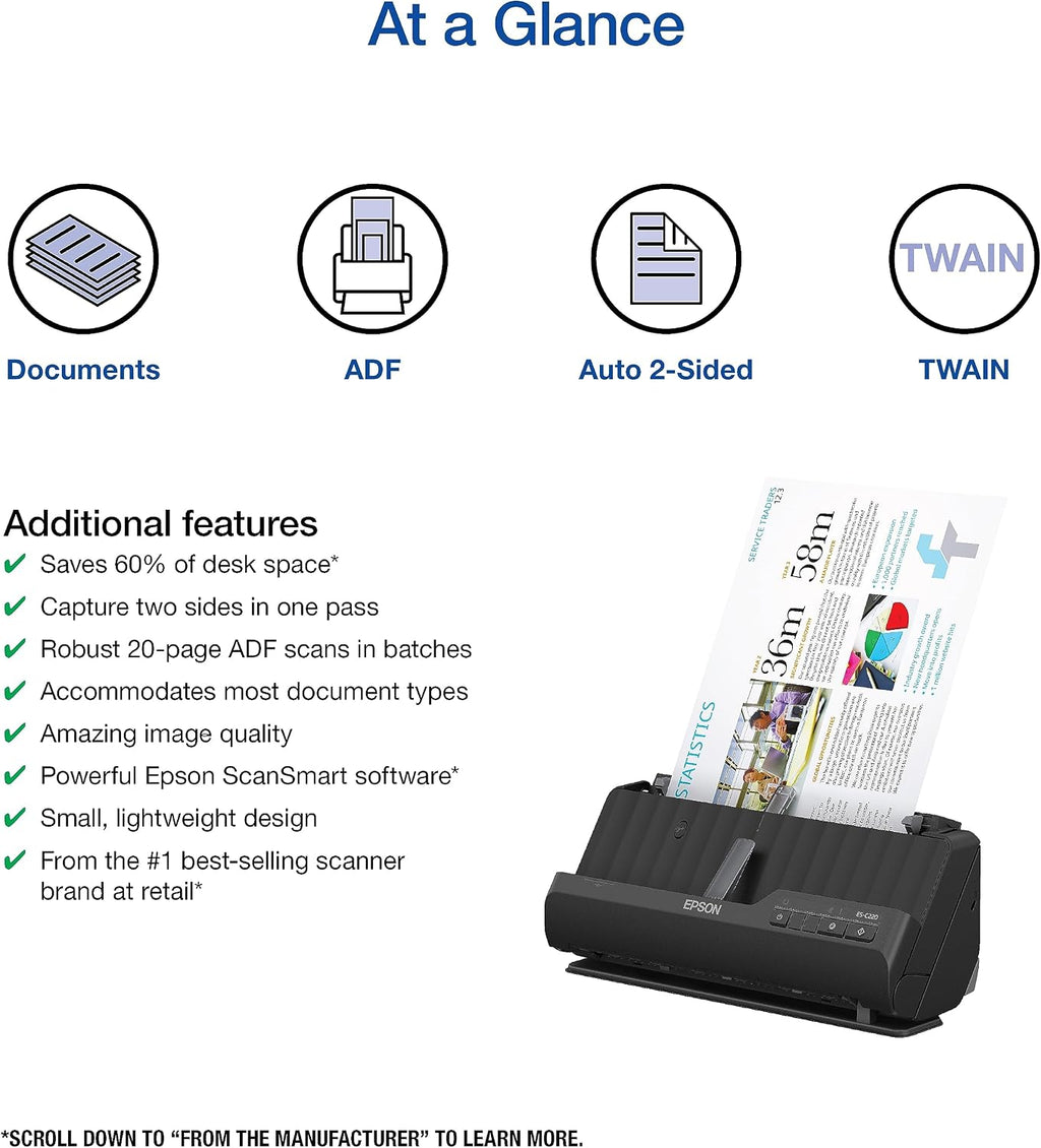 Epson Workforce ES-C220 Compact Desktop Document Scanner - 2-Sided Scanning - ADF - for PC and Mac