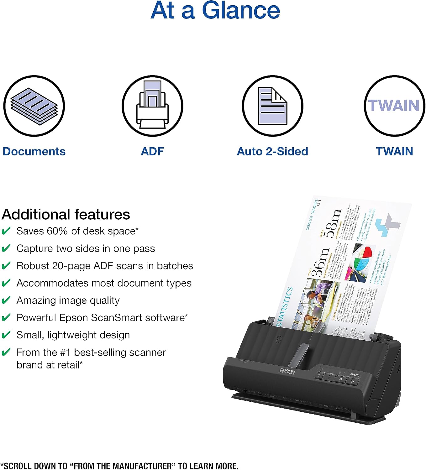 Epson Workforce ES-C220 Compact Desktop Document Scanner - 2-Sided Scanning - ADF - for PC and Mac
