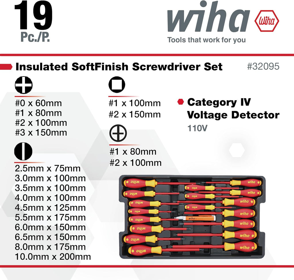 Wiha 32095 Slotted and Phillips Insulated Screwdriver Set, 1000 Volt, 19 Piece