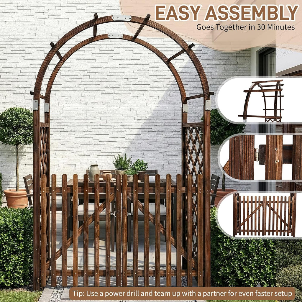 VINGLI Wooden Garden Arbor, Heavy Duty Outdoor Frame Trellis with Gate for Ceremony, Wood Trellis Garden Arch Pergola for Plant Climbing, Patio, Lawn, Wedding