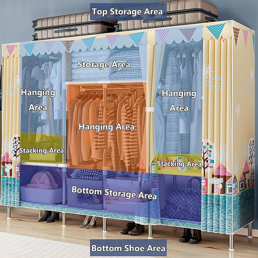 Free Standing Heavy Duty Wardrobe Closet for Bedroom 3 Tiers Garment Racks with Cover Metal Large Clothing Rack for Hanging Clothes (Color : Blue-1, Size : 245x45x172cm)