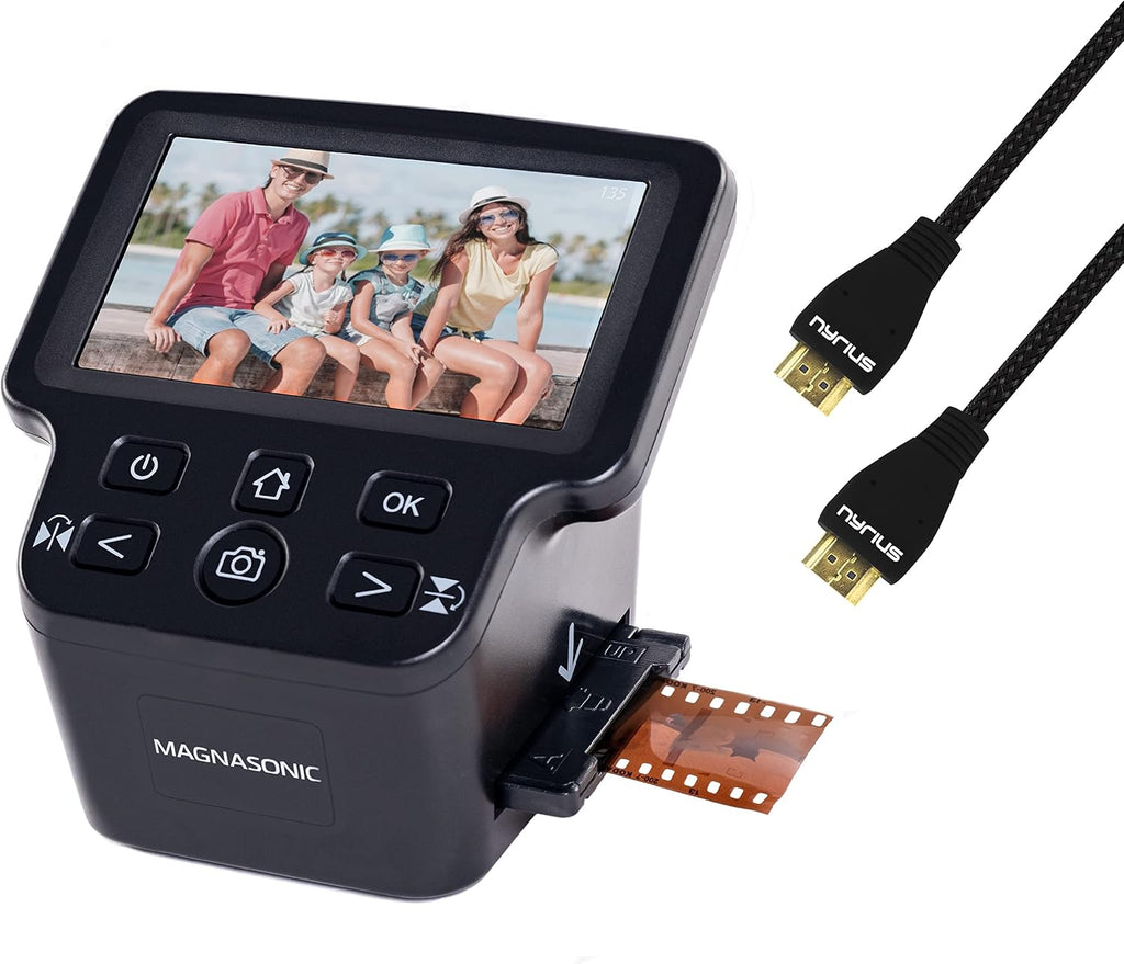 Magnasonic All-in-One 24MP Film Scanner with Large 5' Display & HDMI, Converts 35mm/126/110/Super 8 Film & 135/126/110 Slides into Digital Photos, Built-in Memory with a HDMI Cable