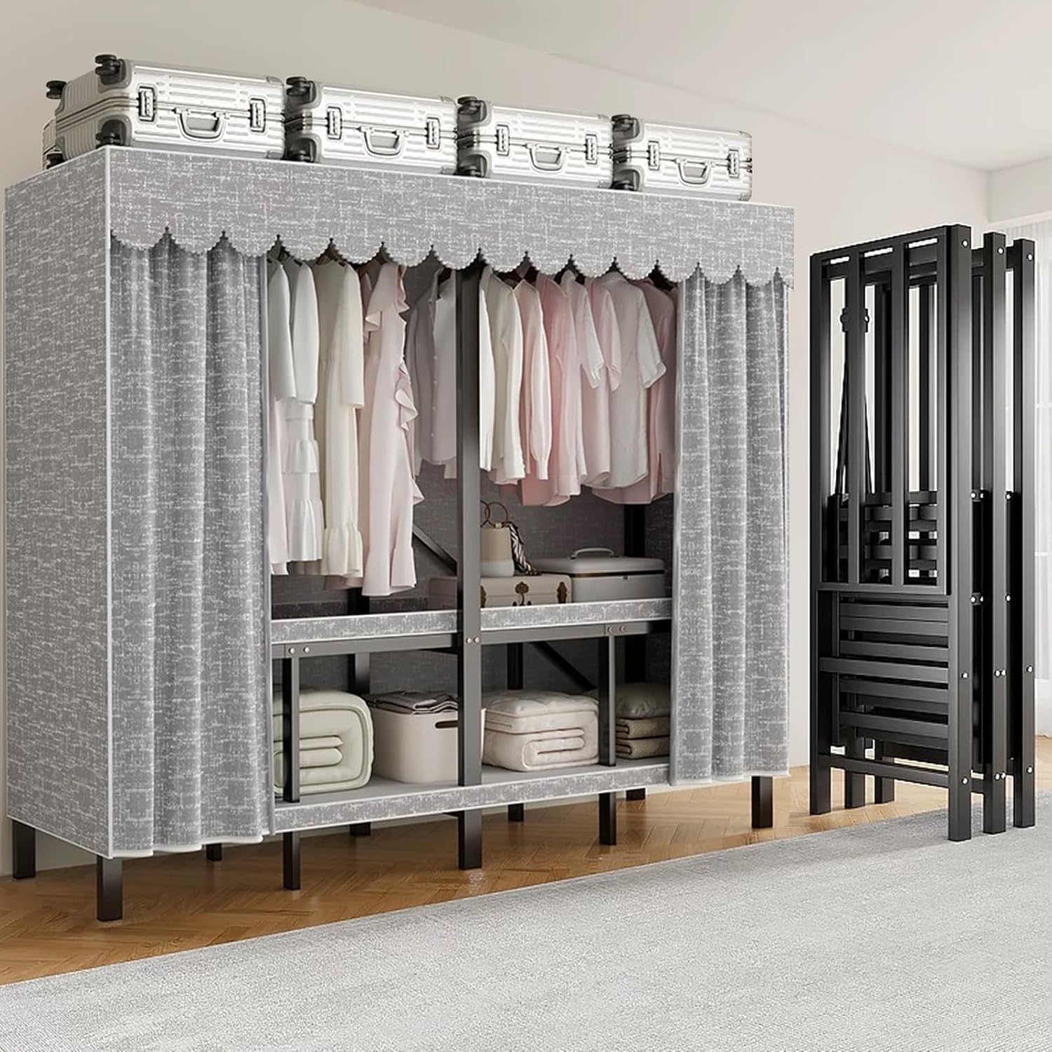 Large Metal Closet Rack, Foldable Clothe Rack With Cover Heavy-Duty Portable Wardrobe Closet For Bedroom Armoires Freestanding Clothing Coat Storage Rack Garment Rack For Hanging Clothes(125cm/49.2in)