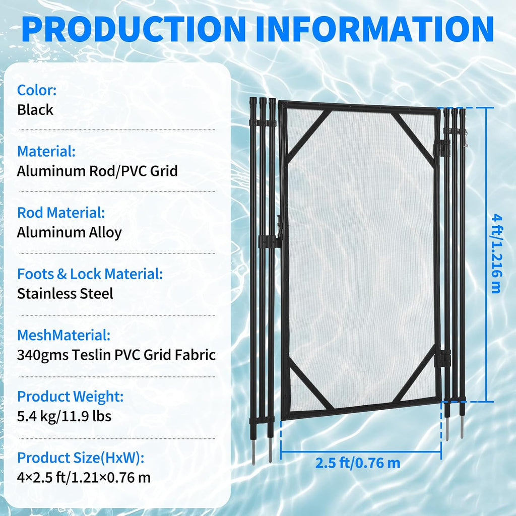 GarveeLife 4Ft x 2.5Ft Pool Fence Gate, Heavy Duty Steel Aluminum Frame, Pool Safety Fence Gate Kit with Stainless Steel Latch for Inground/Above Ground Pools, DIY Installation, Black