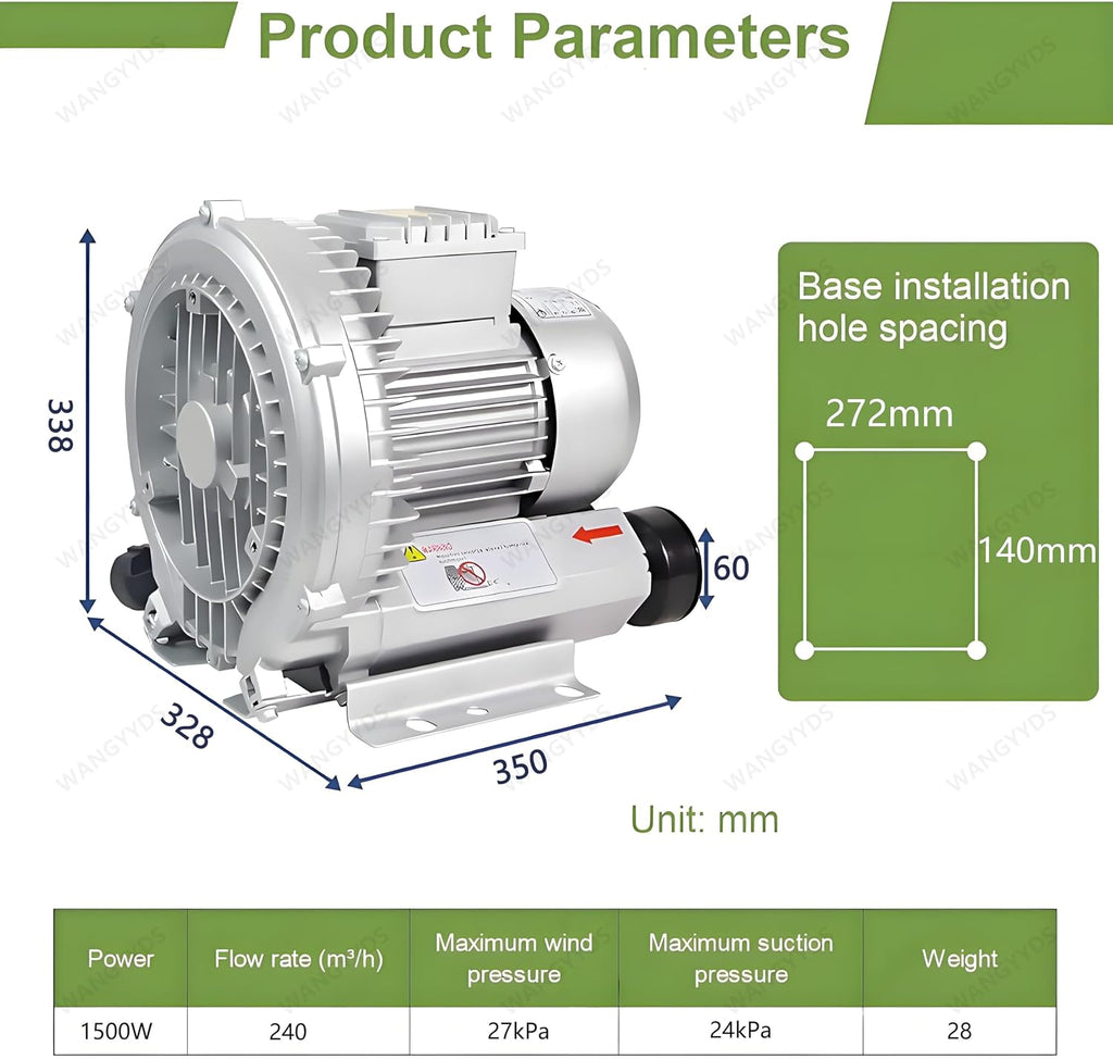 2 H P Regenerative Blower 240 CFM 1.5 kW Single Phase Vacuum Pump 110-220V Ring Blower for Industrial Air Blowing, Vacuum Systems, Aeration Replace, Aquaculture