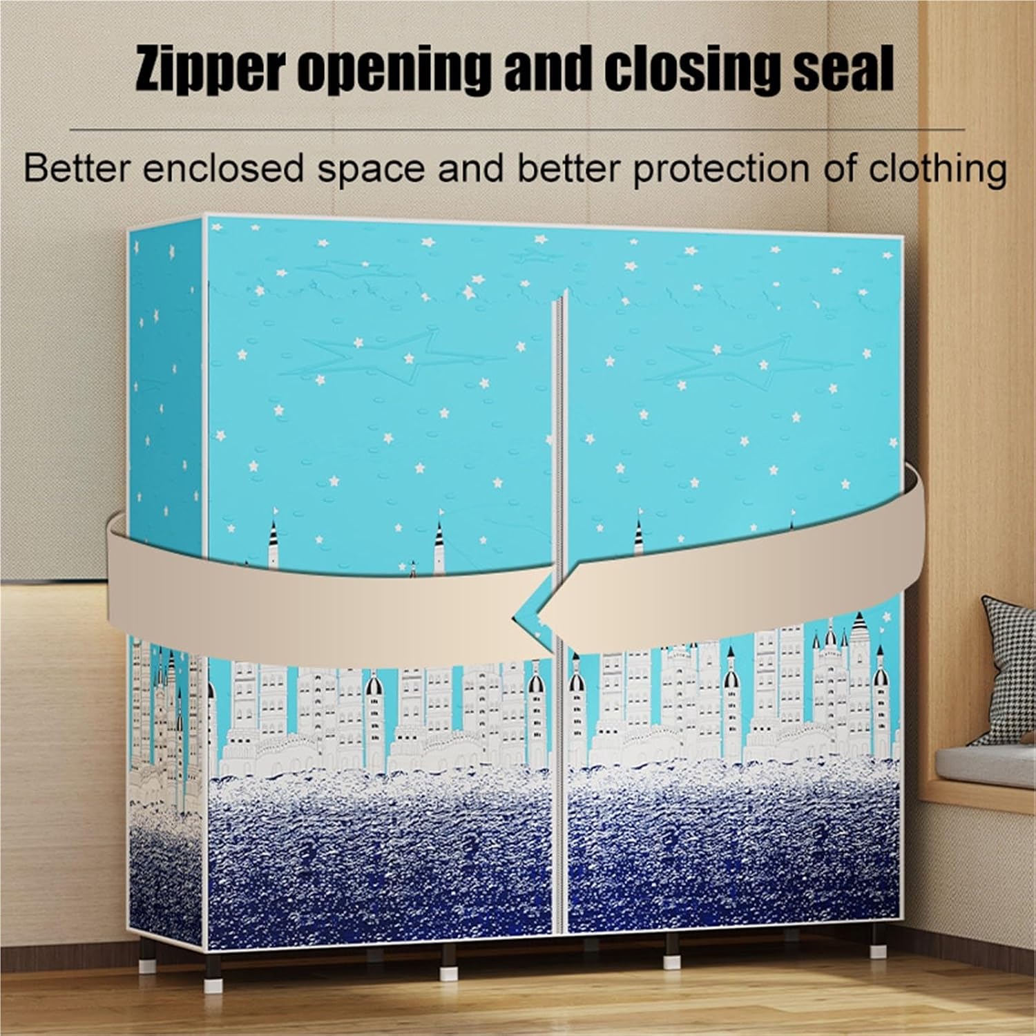 Heavy Duty Closet Organizer System,Clothes Rack With Cover Heavy Duty Clothing Racks,Freestanding Clothing Racks For Hanging Clothes,for Hanging Clothes & Storaging Bedding(Blue,110 * 45 * 165CM)
