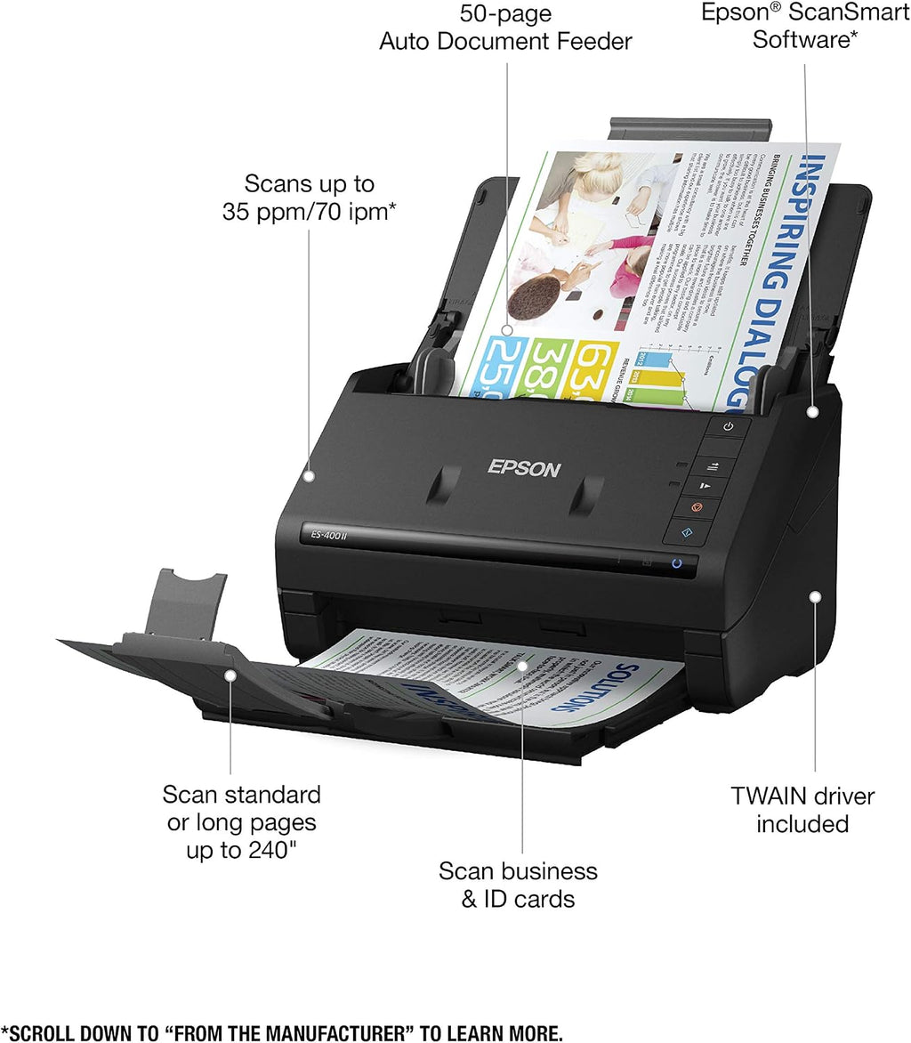 Epson Workforce ES-400 II Color Duplex Desktop Document Scanner for Computers Including PC and Mac with Auto Document Feeder and Image Adjustment Tools