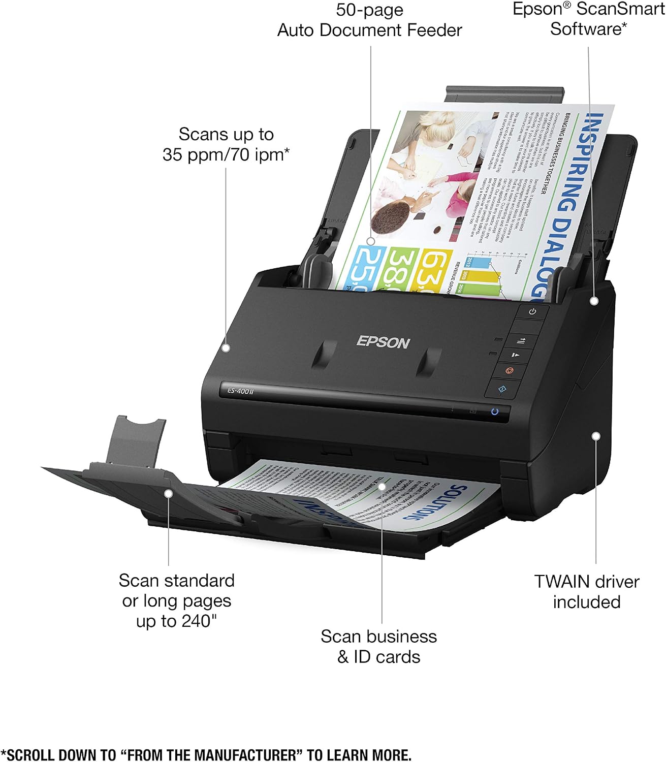 Epson Workforce ES-400 II Color Duplex Desktop Document Scanner for Computers Including PC and Mac with Auto Document Feeder and Image Adjustment Tools