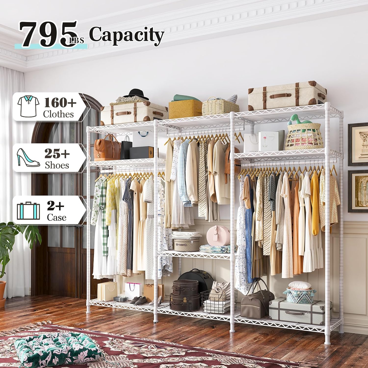 Raybee Clothes Rack Heavy Duty Load 795LBS Adjustable Clothing Racks for Hanging Clothes Garment Rack, 56' W X16 D X 75.5' H White