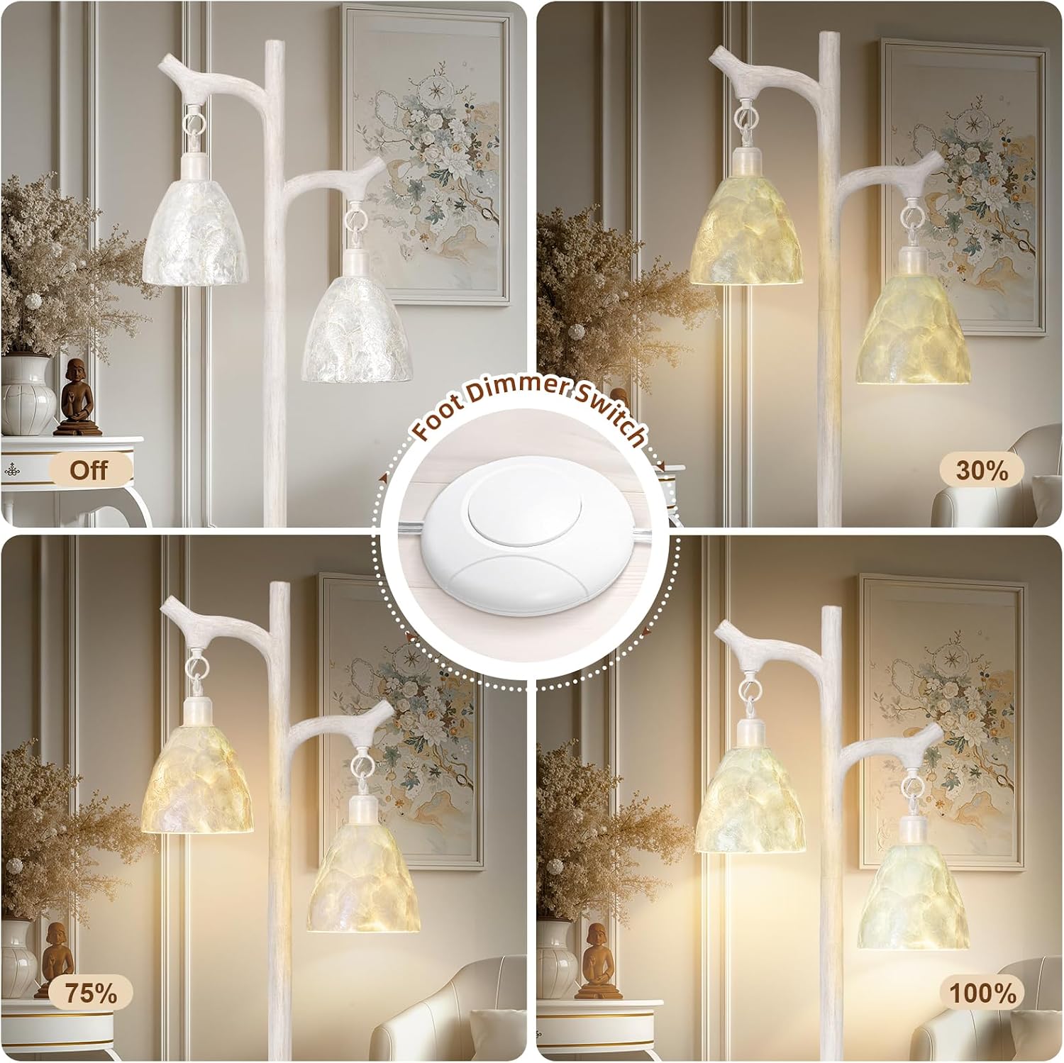 68' Washed White Rustic Floor Lamp with Soft Pearl Shell Lamp Shade for Living Room, Standing Lamp for Bedroom, Farmhouse Floor Lamp Stepless Dimmable Tree Trunk Tall Lamp for Bedroom (Bulb Included)