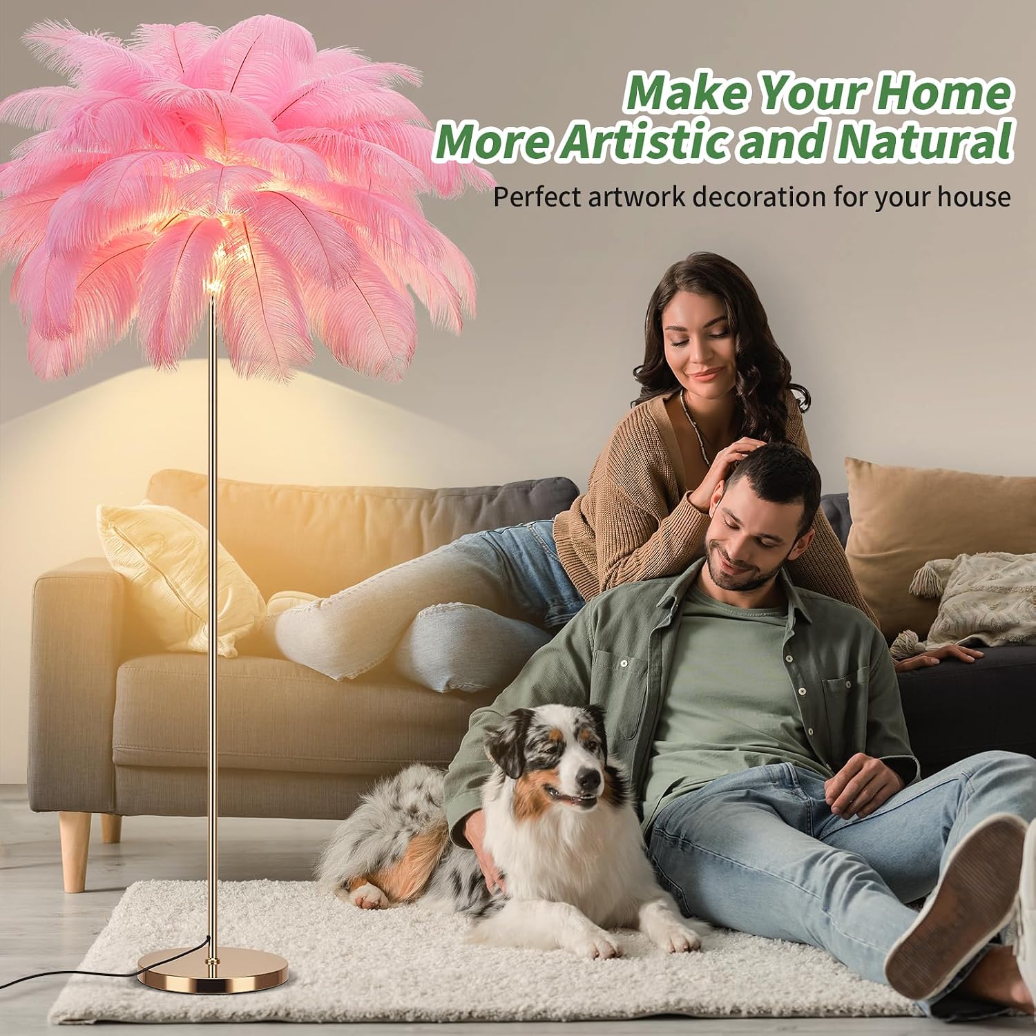 Feather Floor Lamp for Living Room, Fluffy Ostrich Feathers Lamp, Rose Gold Color Body, 3 Color Temperatures Modern Funky Arc Tall Standing Lamp for Bedroom Inclued Bright LED Bulbs (Pink)