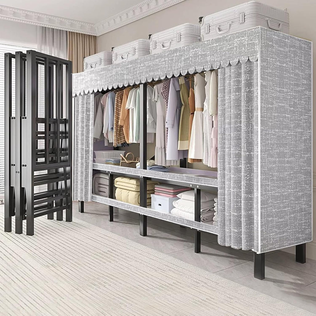 Portable Wardrobe Closet Rack - Heavy-Duty Foldable Garment Rack with Cover, 1200lbs Freestanding Clothes Organizer System,Enclosed Curtain Armoires for Hanging Clothes for Bedroom(125cm)