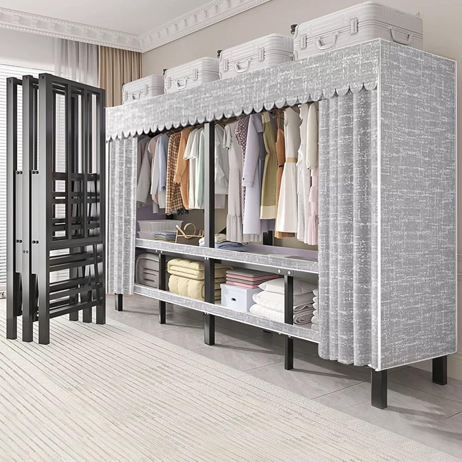 Portable Wardrobe Closet Rack - Heavy-Duty Foldable Garment Rack with Cover, 1200lbs Freestanding Clothes Organizer System,Enclosed Curtain Armoires for Hanging Clothes for Bedroom(150cm)