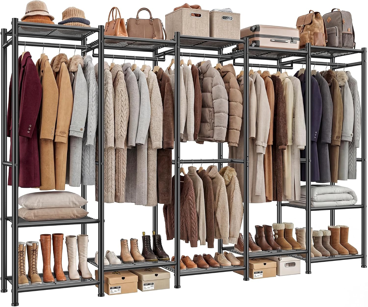 Raybee Clothes Rack, Extra Large Clothing Rack with 6 Rods & 12 Shelves, Heavy Duty Portable Closets for Hanging Clothes, Freestanding Closet Rack, Metal Garment Rack for Bedroom, Load 1200 lbs, Black