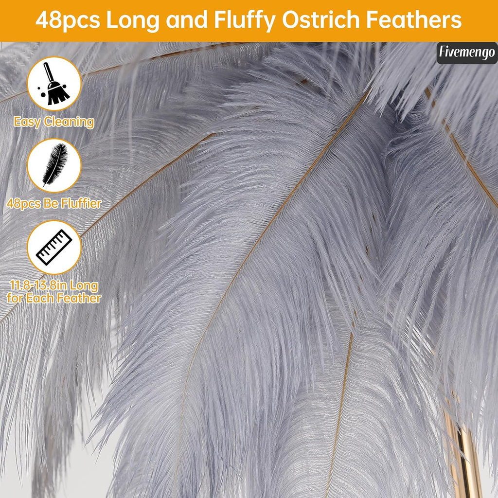 Feather Floor Lamp for Living Room, Fluffy Ostrich Feathers Lamp, Rose Gold Color Body, 3 Color Temperatures Modern Funky Arc Tall Standing Lamp for Bedroom Inclued Bright LED Bulbs (Grey)