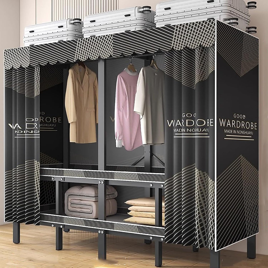 Portable Wardrobe Closet Rack,Heavy-Duty Foldable Garment Rack with Cover, Freestanding Clothes Organizer System,Enclosed Curtain Armoires for Bedroom(A,150cm/59in)
