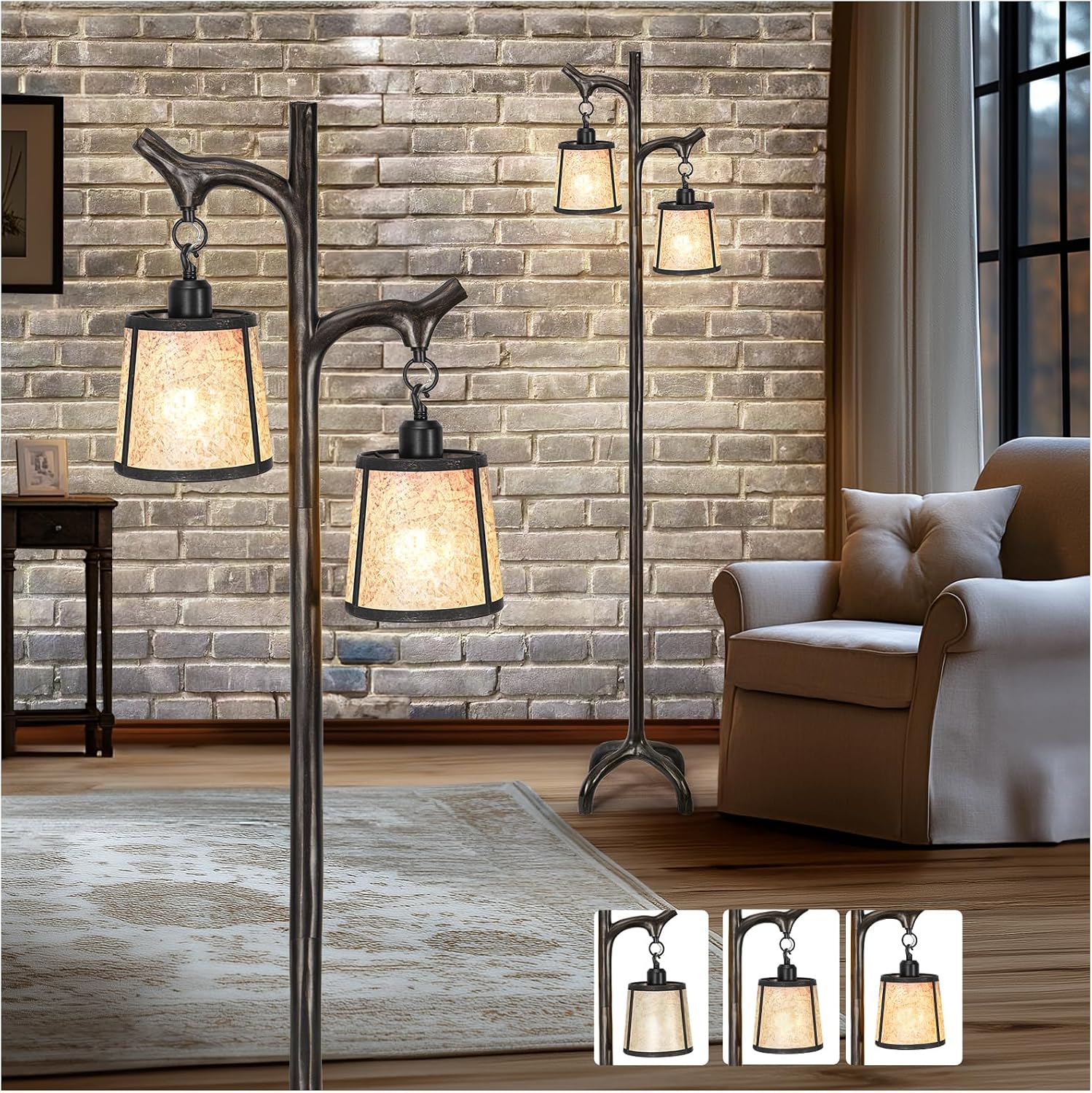 68' Farmhouse Floor Lamp With Mica Shade For Living Room,Modern Industrial Vintage Standing Floor Lamp for Bedroom ,Stepless Dimmable Rustic Tree Trunk Tall Lamp For Office,Living Room (Bulb Included)