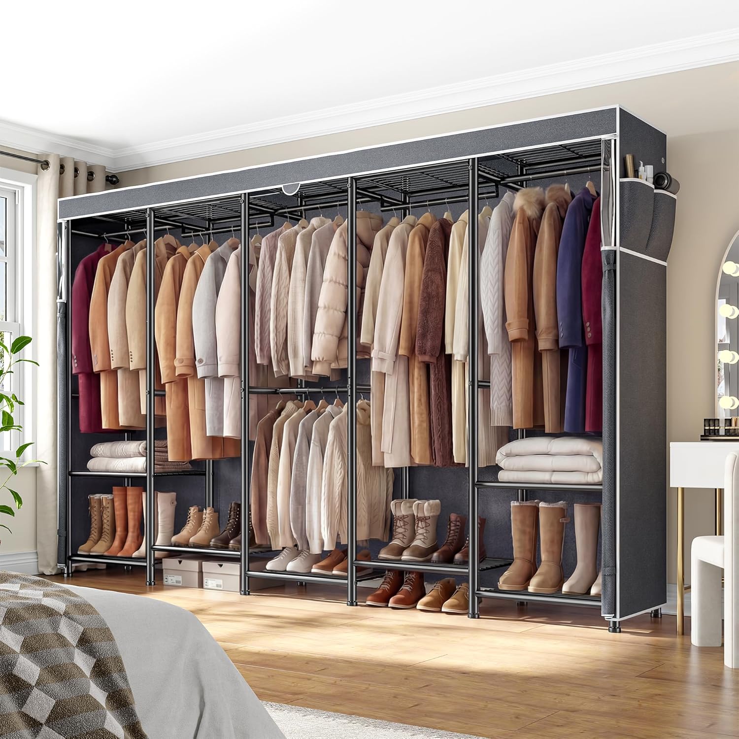 Raybee Clothes Rack, Extra Large Clothing Rack with Cover, Heavy Duty Portable Closets for Hanging Clothes, Freestanding Metal Closet Rack with 6 Rods & 12 Shelves for Bedroom, Load 1200 lbs, Black