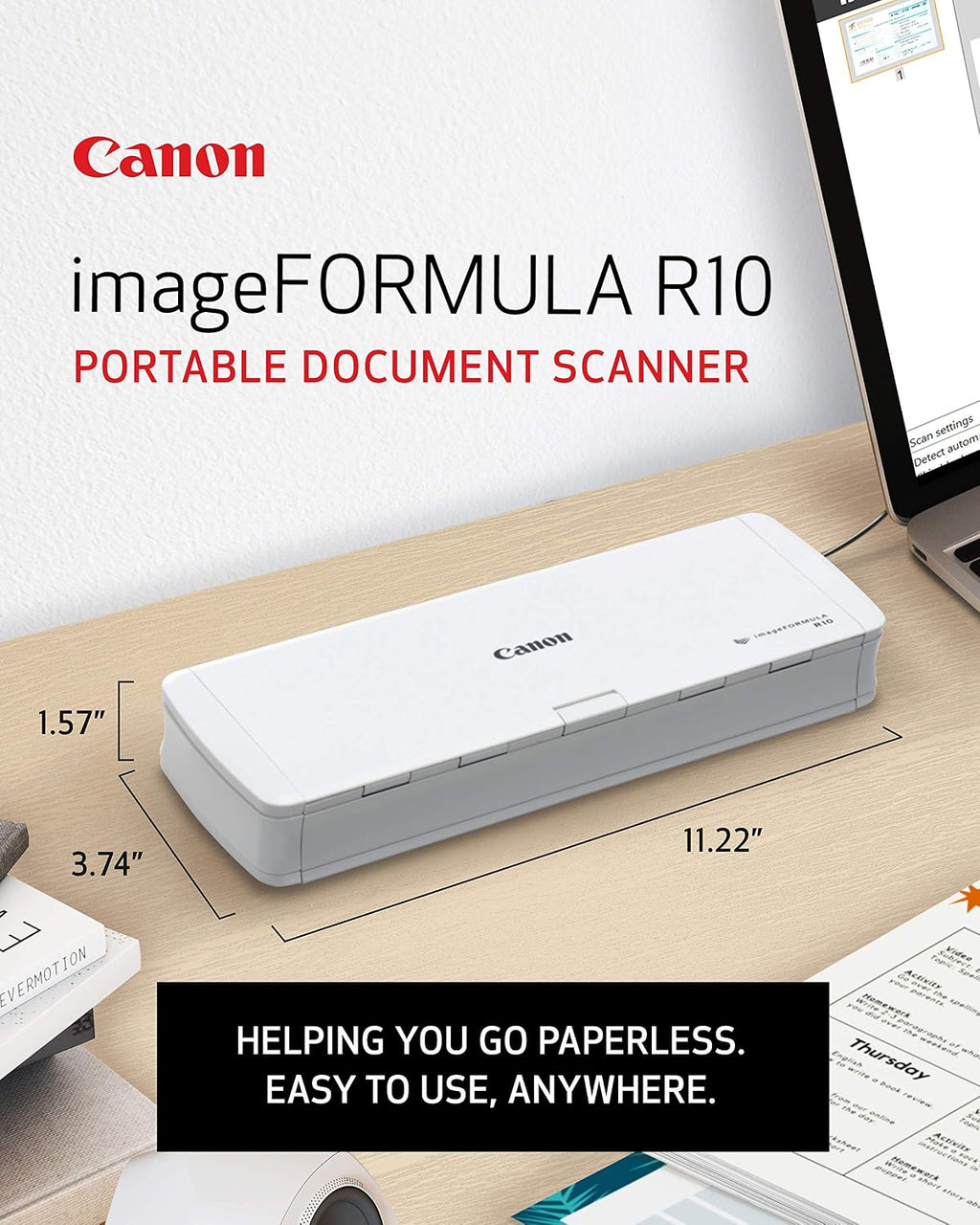 Canon imageFORMULA R10 - Portable Document Scanner, USB Powered, Duplex Scanning, Document Feeder, Easy Setup, Convenient, Perfect for Mobile Users, White