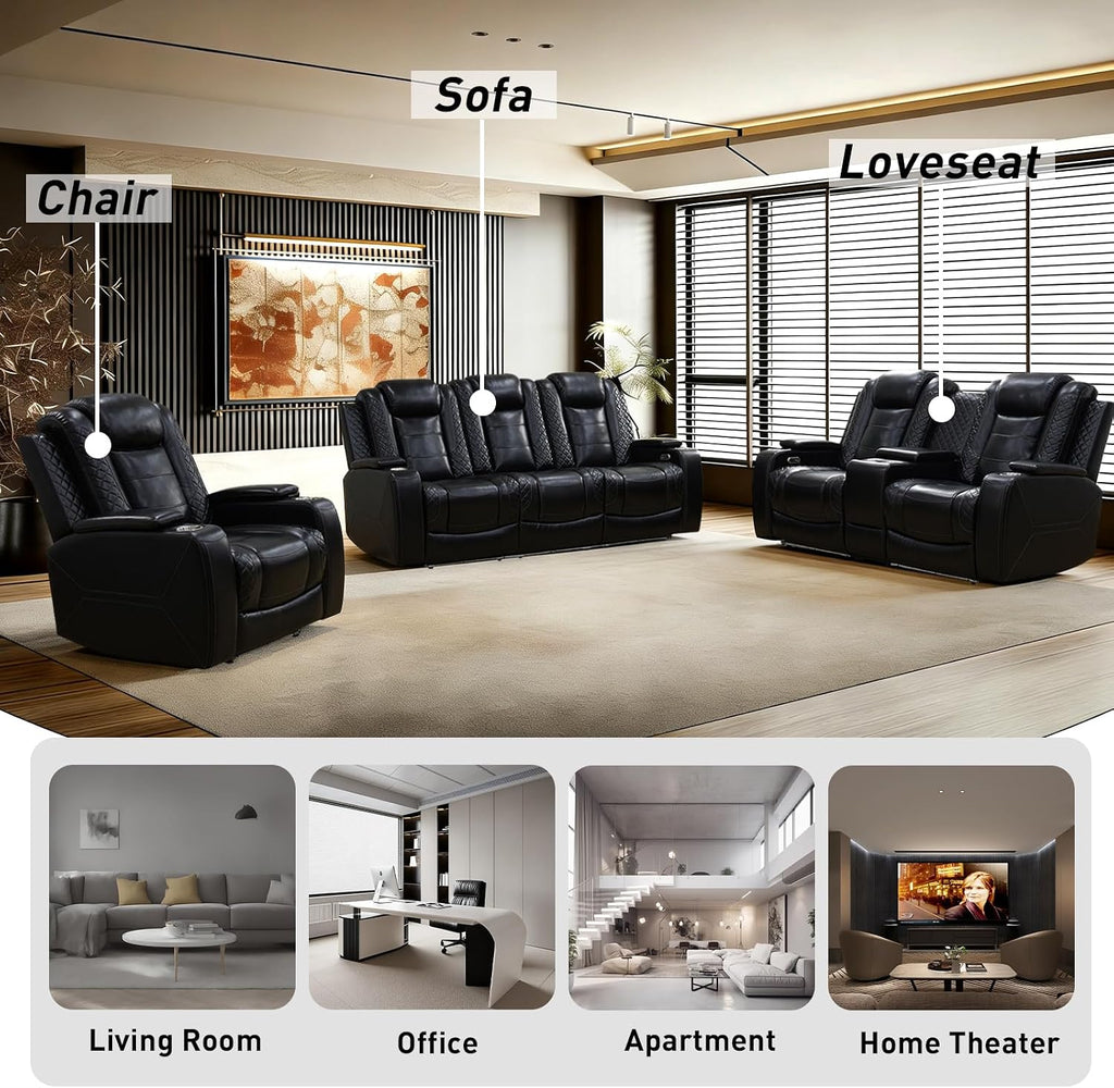 Power Recliner Sofa Set - 3 Piece Living Room Furniture Set with Electric Reclining Sofa, Loveseat and Chair, Breathable Faux Leather with USB Ports, Wireless Charging, Cup Holders and LED Lights