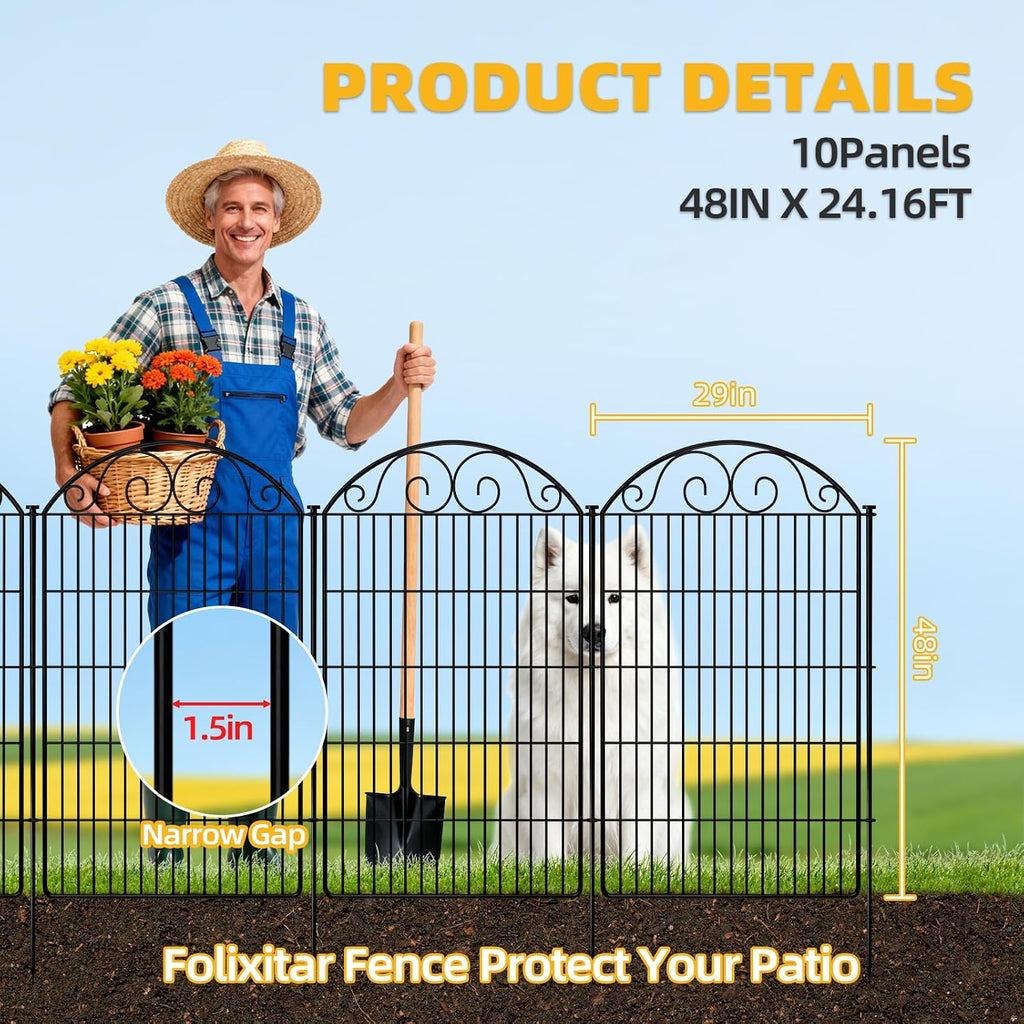 COLRASN 10 Panels No Dig Decorative Garden Dog Fence Outdoor for Yard, 48in(H) x 24.16ft(W) with Latch Tall Animal Barrier Fenceing Panels, Rustproof Ground Stakes Temporary Wire Screen for Patio