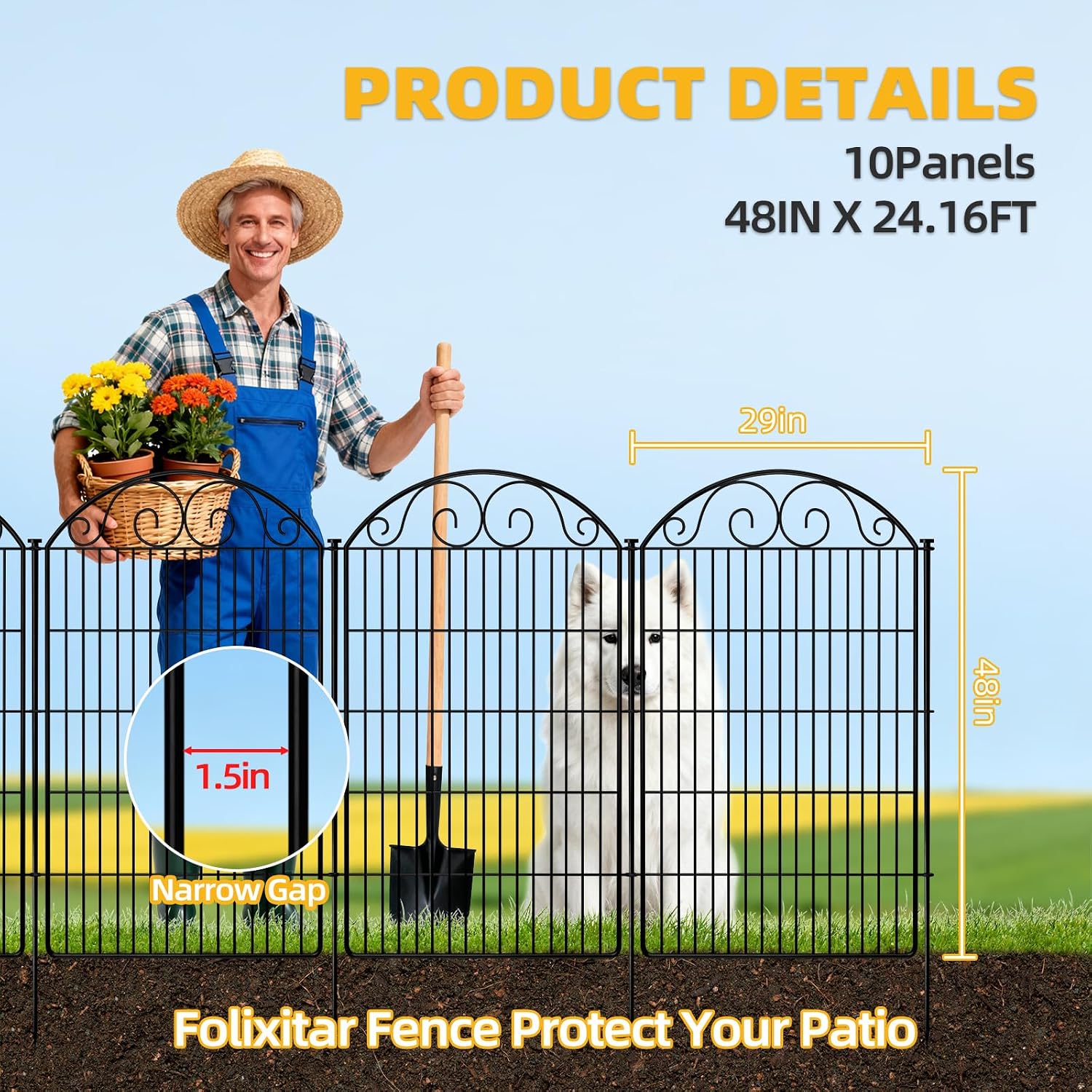 COLRASN 10 Panels No Dig Decorative Garden Dog Fence Outdoor for Yard, 48in(H) x 24.16ft(W) with Latch Tall Animal Barrier Fenceing Panels, Rustproof Ground Stakes Temporary Wire Screen for Patio