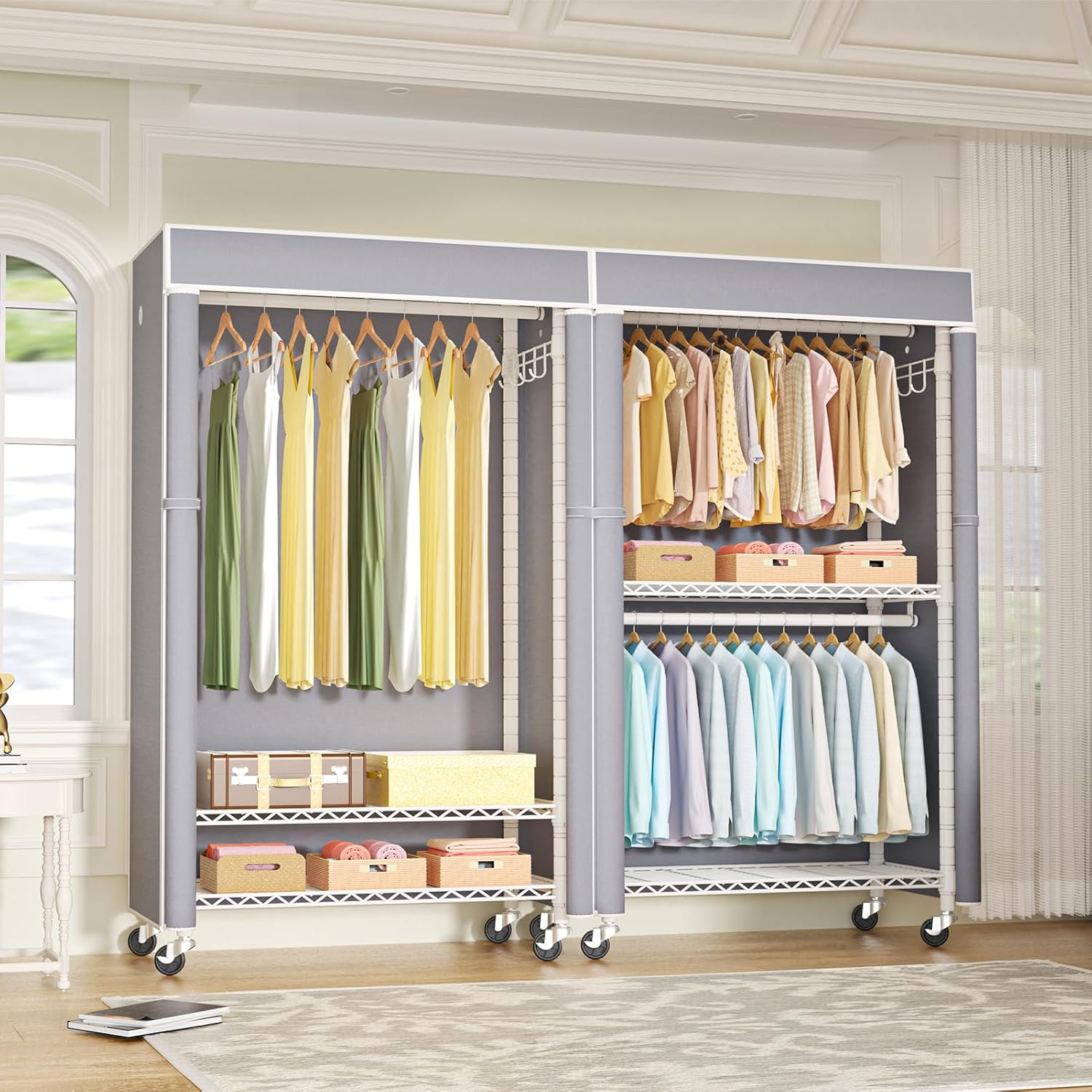 FUTASSI White Clothing Rack with Grey Cover, P1C Rolling Closet Rack with Wheels, Metal Garment Rack for Hanging Clothes, Clothing Storage Wardrobe, 36.2' W x 16.5' D x 80.5' H, Load 450 Pounds