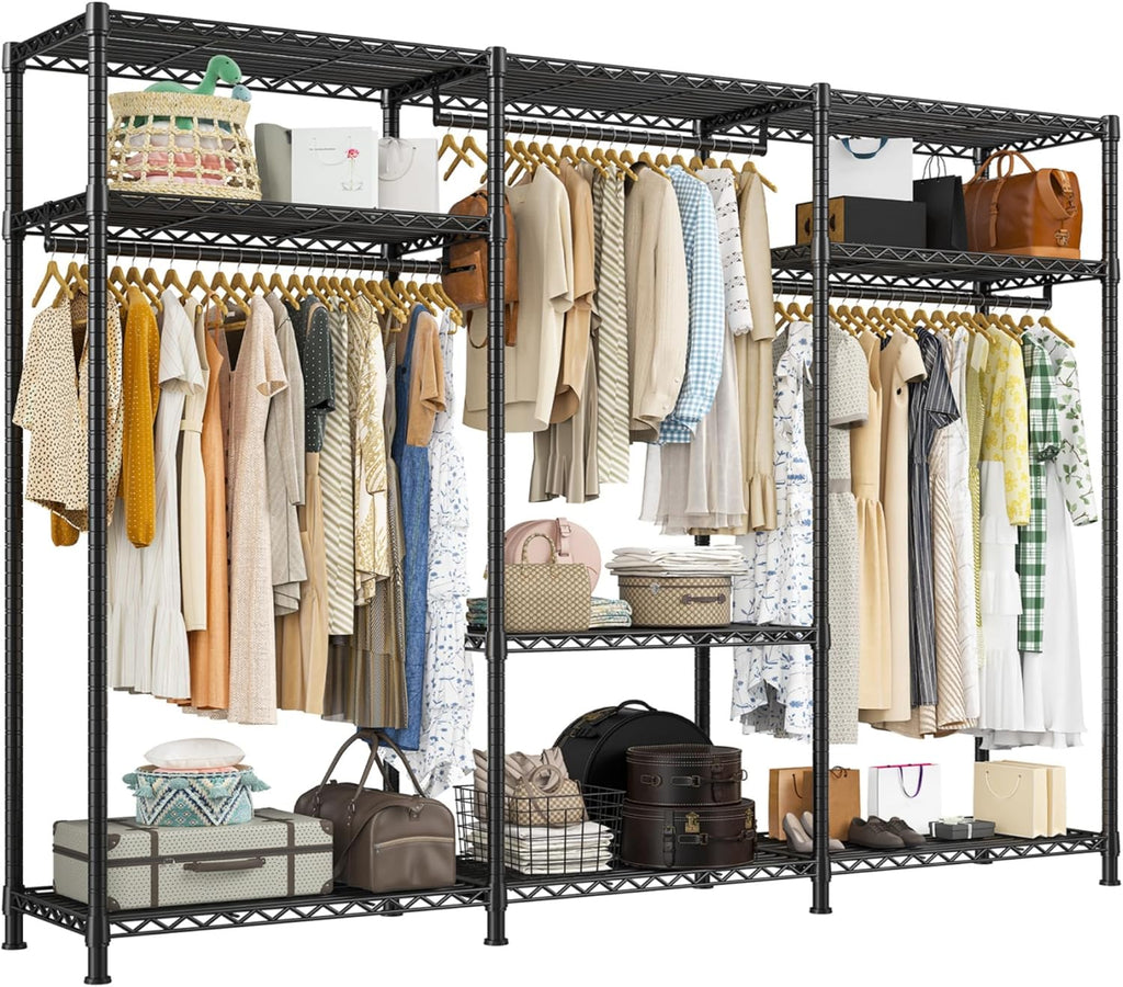 Raybee Clothes Rack Heavy Duty Load 795LBS Portable Clothing Racks for Hanging Clothes Adjustable Garment Rack, 56' W X16 D X 75.5' H Black