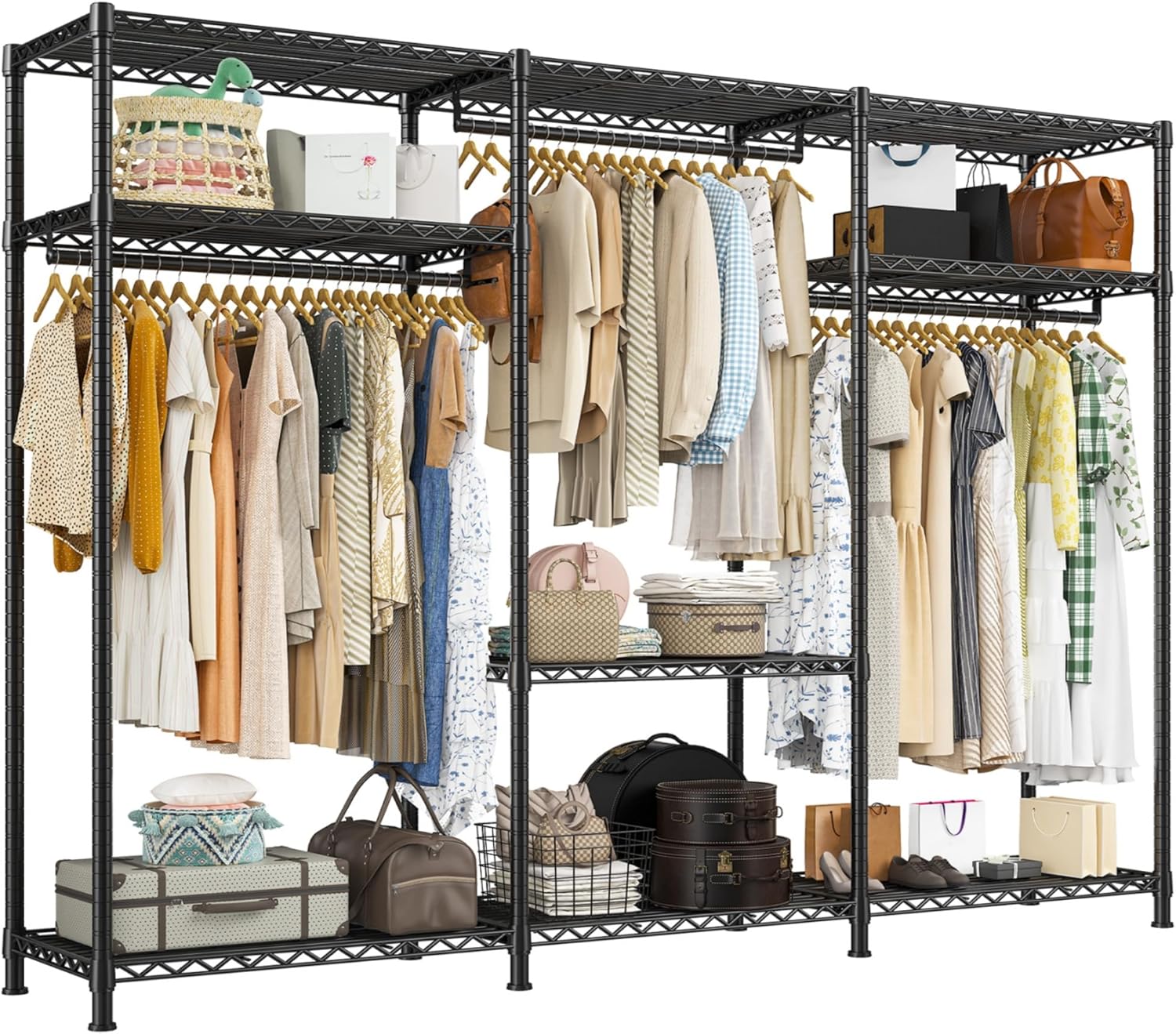Raybee Clothes Rack Heavy Duty Load 795LBS Portable Clothing Racks for Hanging Clothes Adjustable Garment Rack, 56' W X16 D X 75.5' H Black