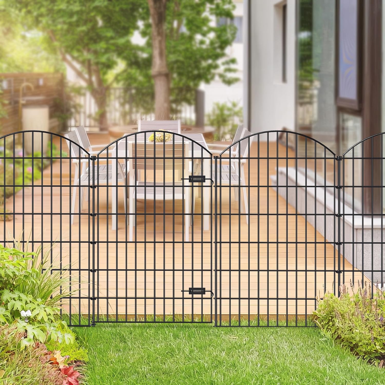 FOREHOGAR Metal Garden Fence with Gate 48in (H) x 20.3ft (L), 1 Gate+ 7 Panels Dog Fences Border Fence Animal Barrier, No Dig Garden Fencing for Yard Flower Bed Lawn Patio Outdoor, ECG4808G, Black