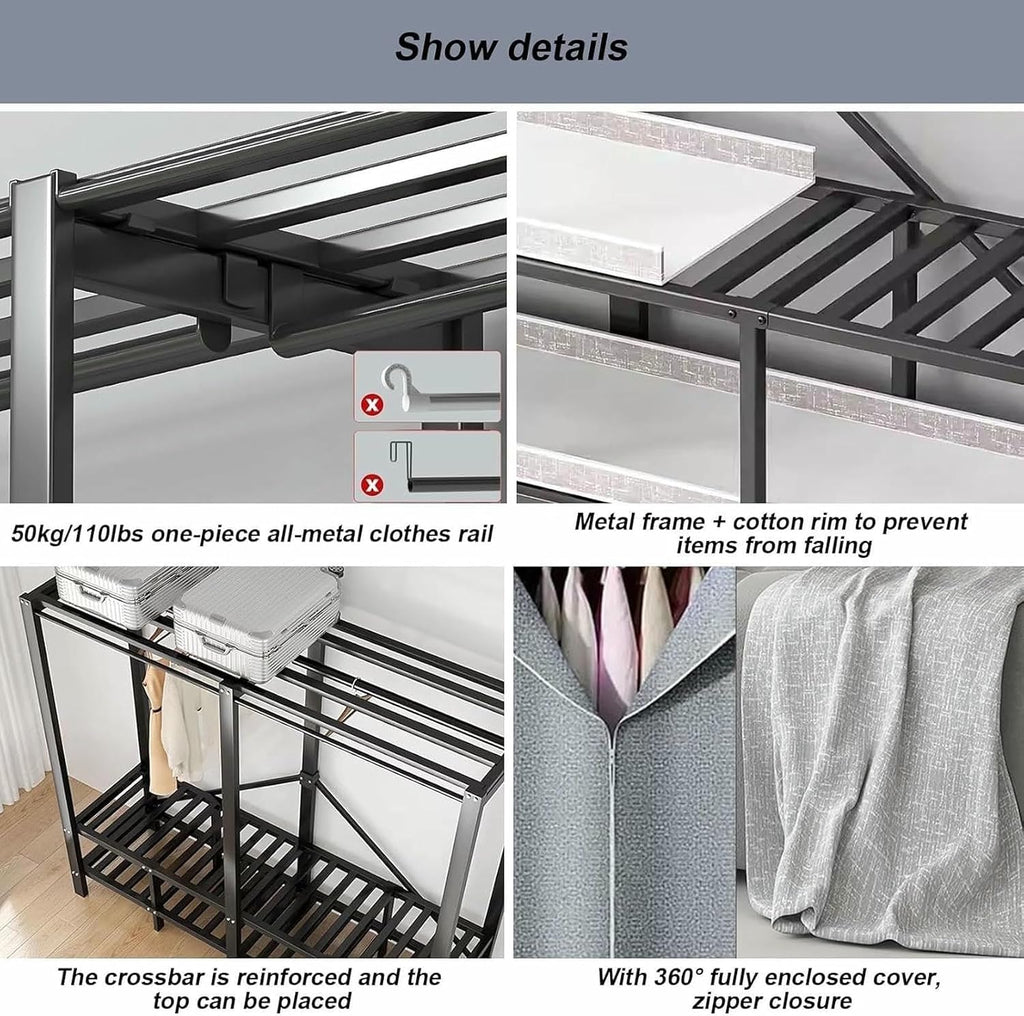 Foldable Portable Wardrobe Closet Heavy Duty Portable Covered Rack with Cover 1200lbs, for Hanging Clothes Coat Storage Garment Racks for Bedroom