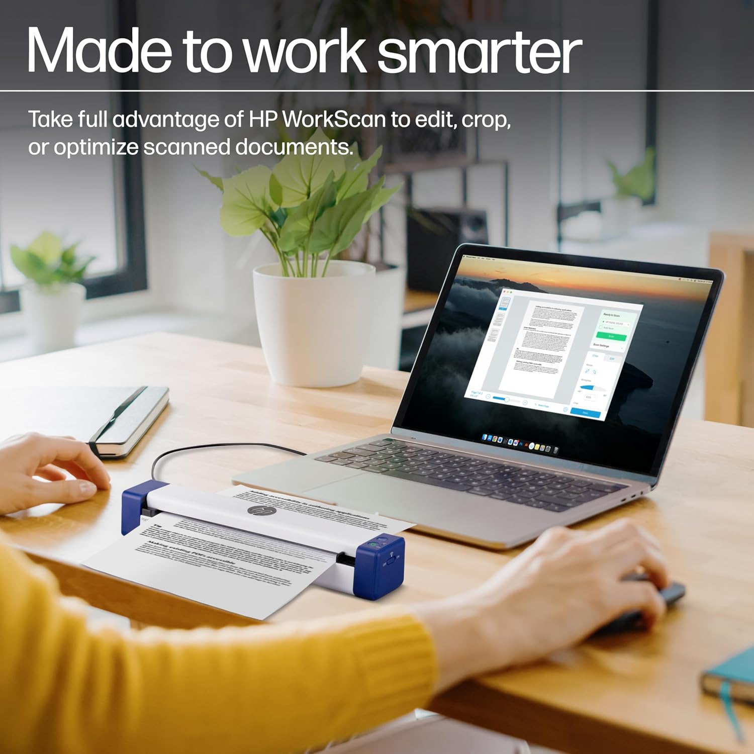 HP PS100W Portable Document Scanner - Wi-Fi & USB, 300 DPI, 8.5x14 in - Mobile Scanner for On-the-Go Use - Office Electronics for Home & Office - Compatible with Mac & Windows PC and Laptop