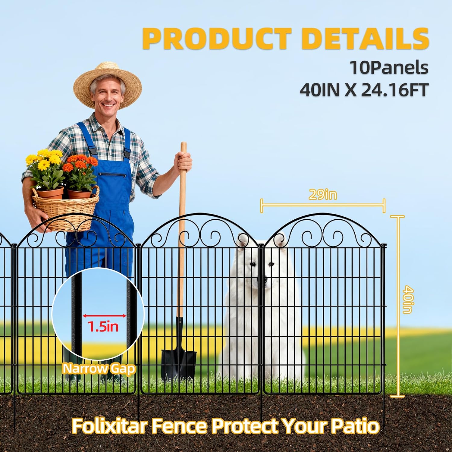 COLRASN 10 Panels No Dig Decorative Garden Dog Fence Outdoor for Yard, 40in(H) x 24.16ft(W) with Latch Tall Animal Barrier Fenceing Panels, Rustproof Ground Stakes Temporary Wire Screen for Patio