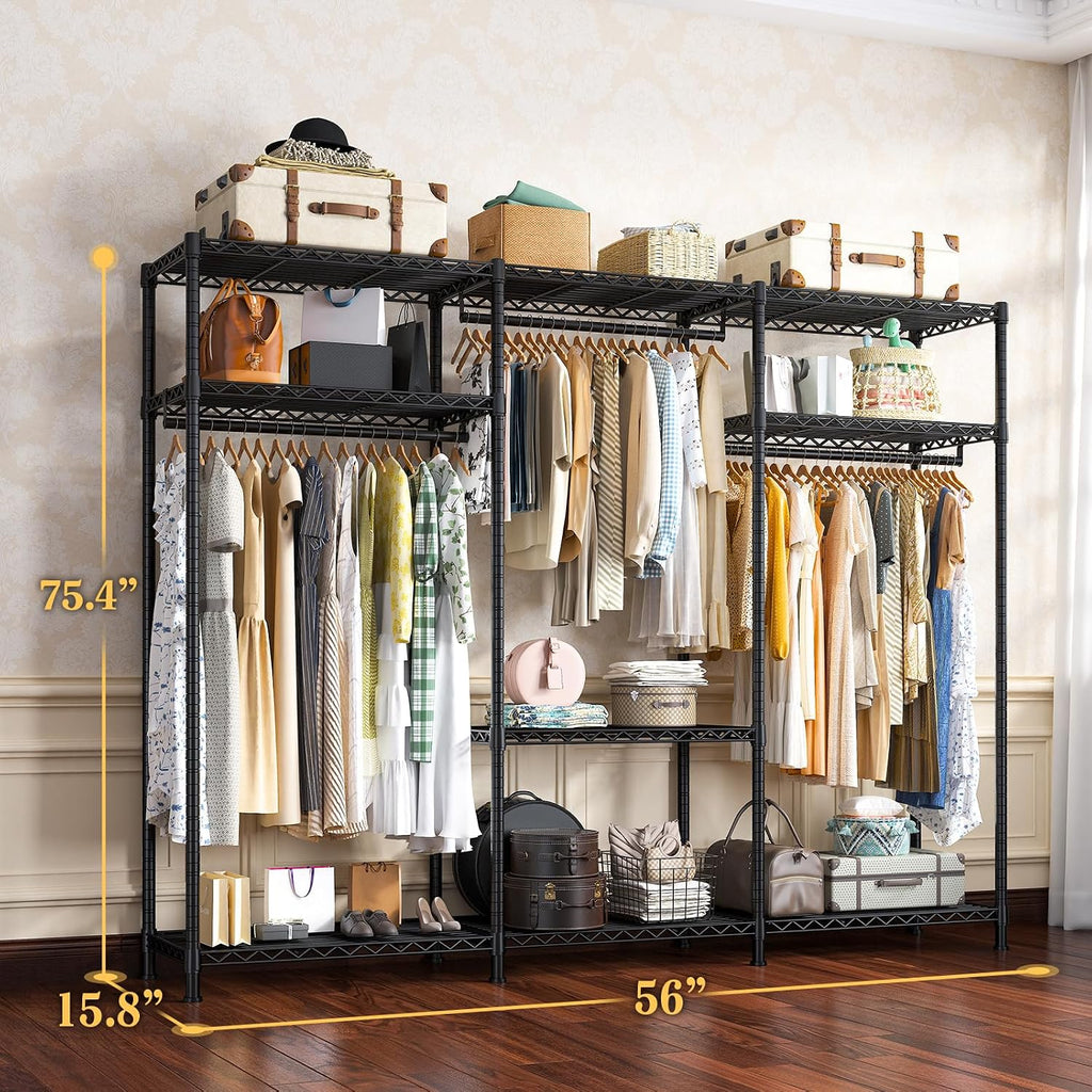 Raybee Clothes Rack Heavy Duty Load 795LBS Portable Clothing Racks for Hanging Clothes Adjustable Garment Rack, 56' W X16 D X 75.5' H Black