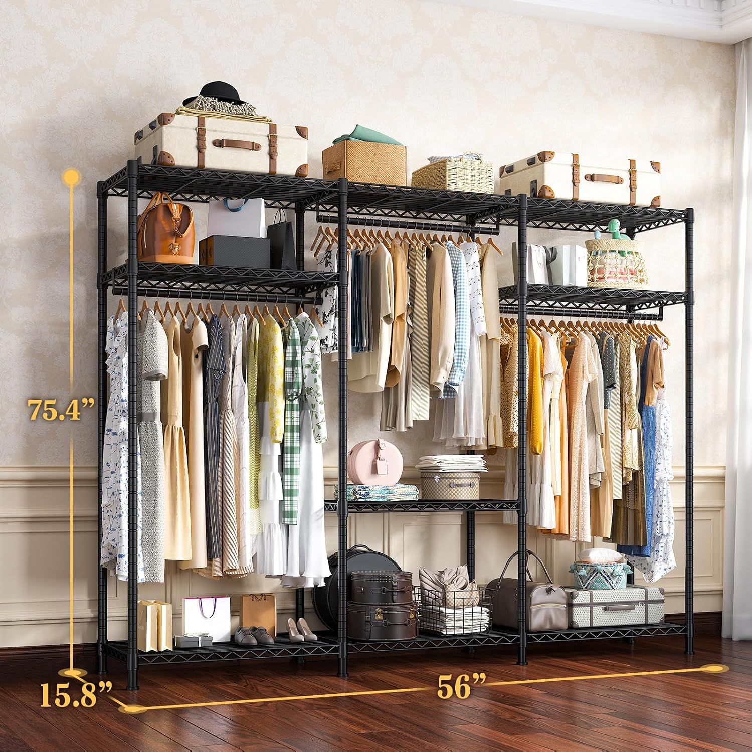 Raybee Clothes Rack Heavy Duty Load 795LBS Portable Clothing Racks for Hanging Clothes Adjustable Garment Rack, 56' W X16 D X 75.5' H Black