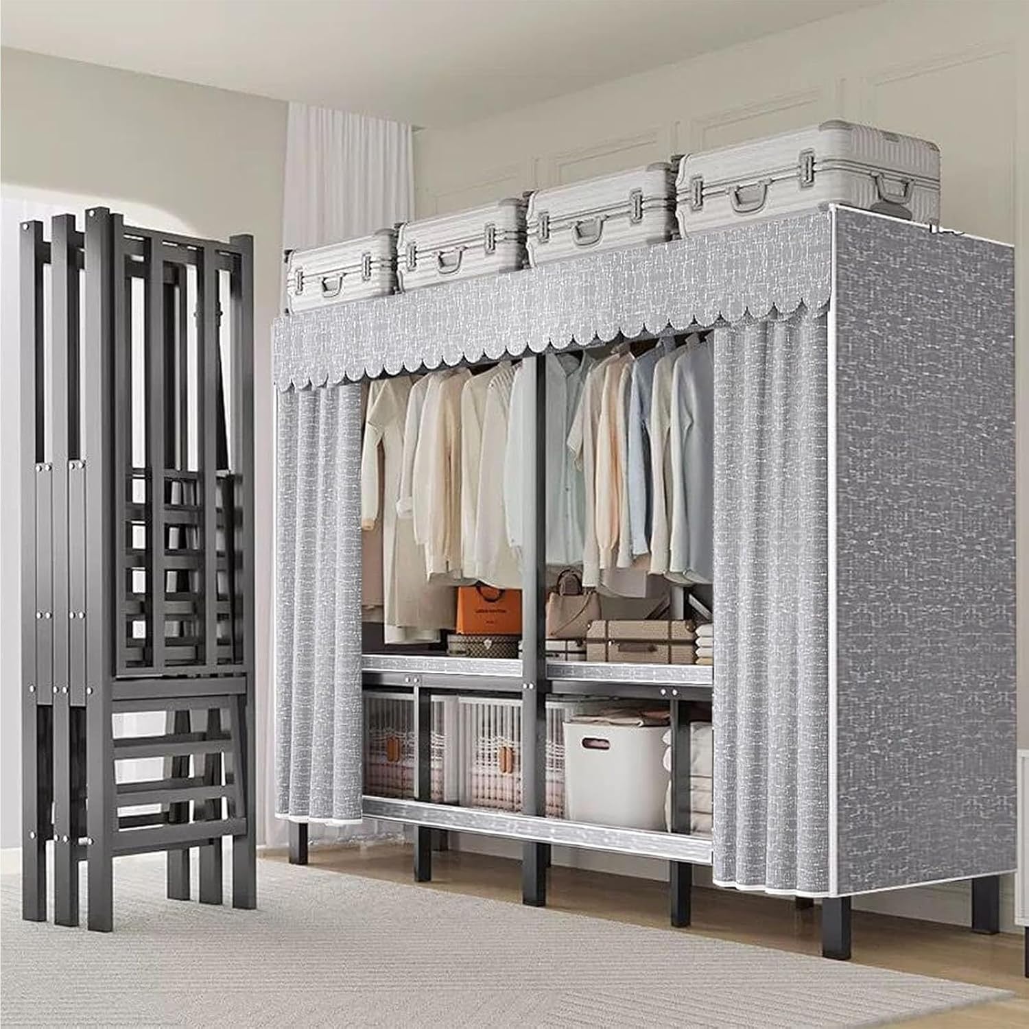 Portable Folding Wardrobe Closet, Heavy-Duty Clothe Rack with Cover Foldable Metal Garment Rack On Wheels Freestanding Rolling Clothing Coat Storage Rack 20.4in Width Load 2000lbs(203cn/80in)