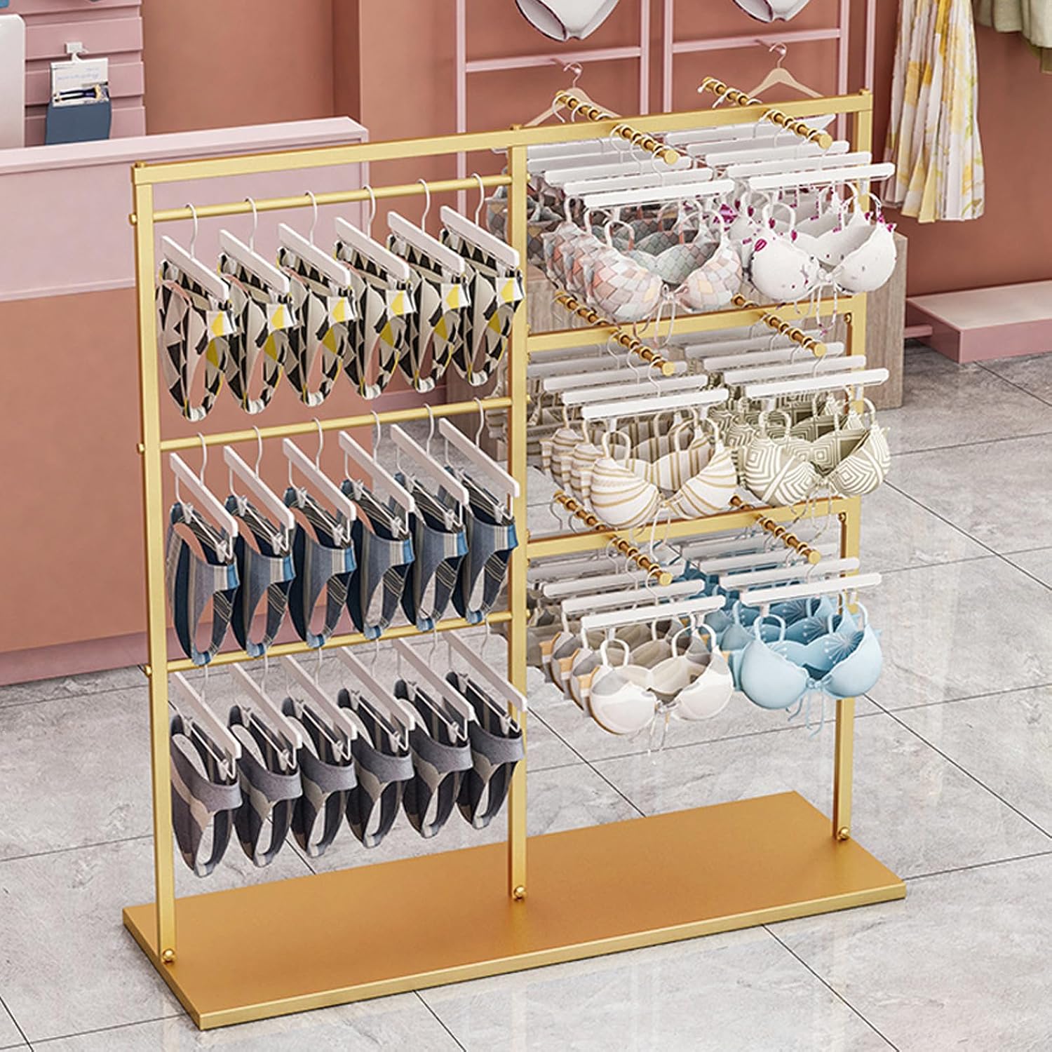 Commercial Metal Clothes Rack Garment Rack Freestanding Underwear Storage Shlef, Heavy Duty Clothing Rack, Coat Rail Display Stand Boutique Hanger with 3 Tier STO(Gold