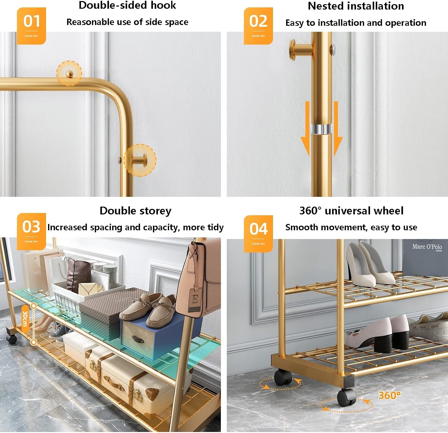 Heavy Duty Double Clothes Rail Freestanding Garment Hanger with 2-Tier Shelves, Mobile Metal Coat & Shirt Rack, Sturdy Clothing Drying Stand on 4 Rolling Casters